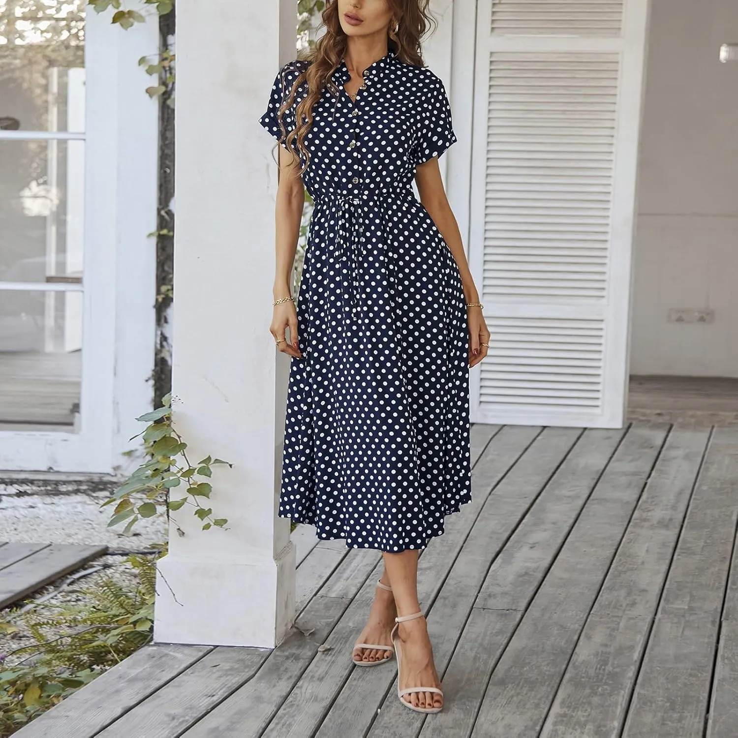 Polka Dot Dress for Women Midi Button Down Dress Short Sleeve V Neck Wedding Guest Dresses Tie Empire Waist Elegant Frocks