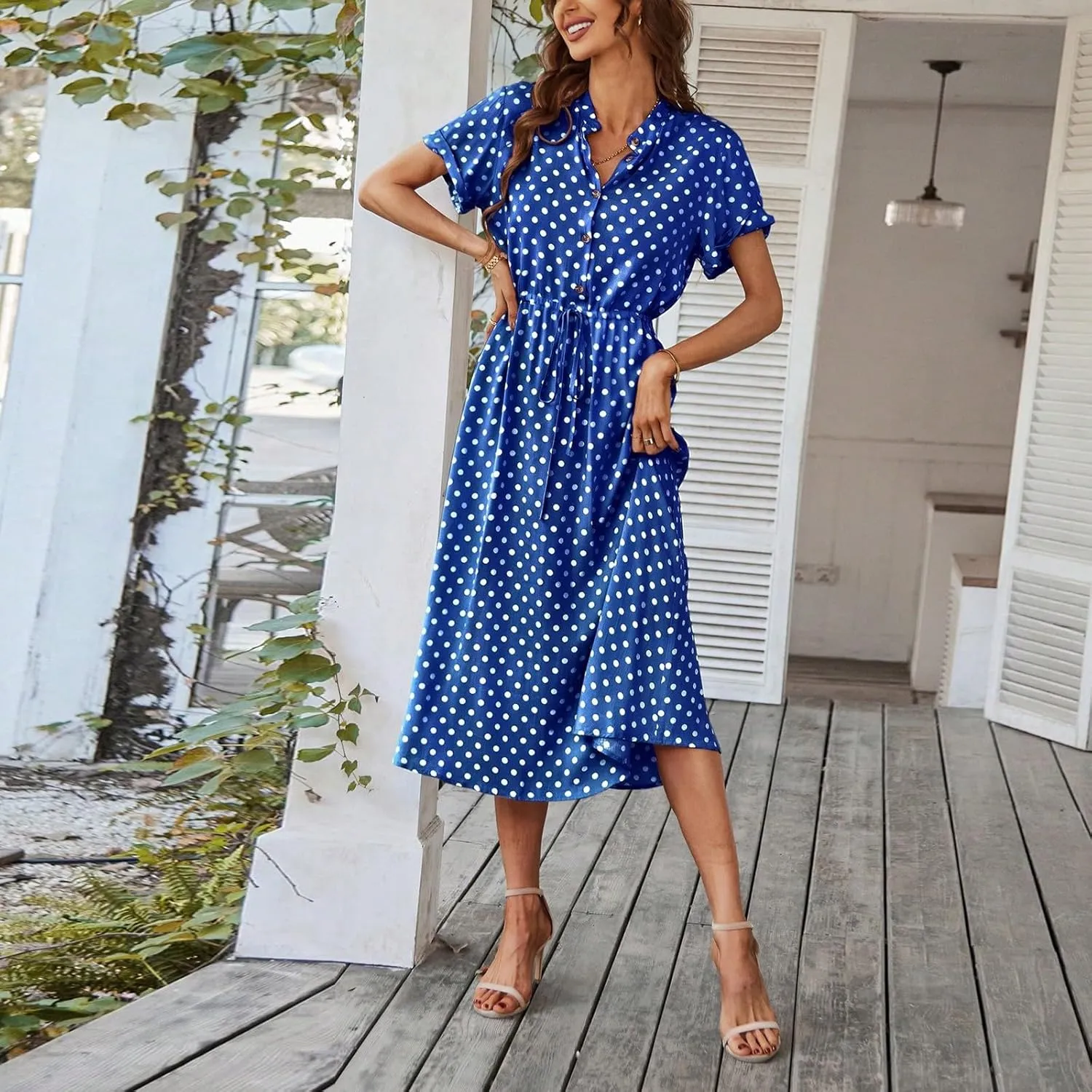 Polka Dot Dress for Women Midi Button Down Dress Short Sleeve V Neck Wedding Guest Dresses Tie Empire Waist Elegant Frocks
