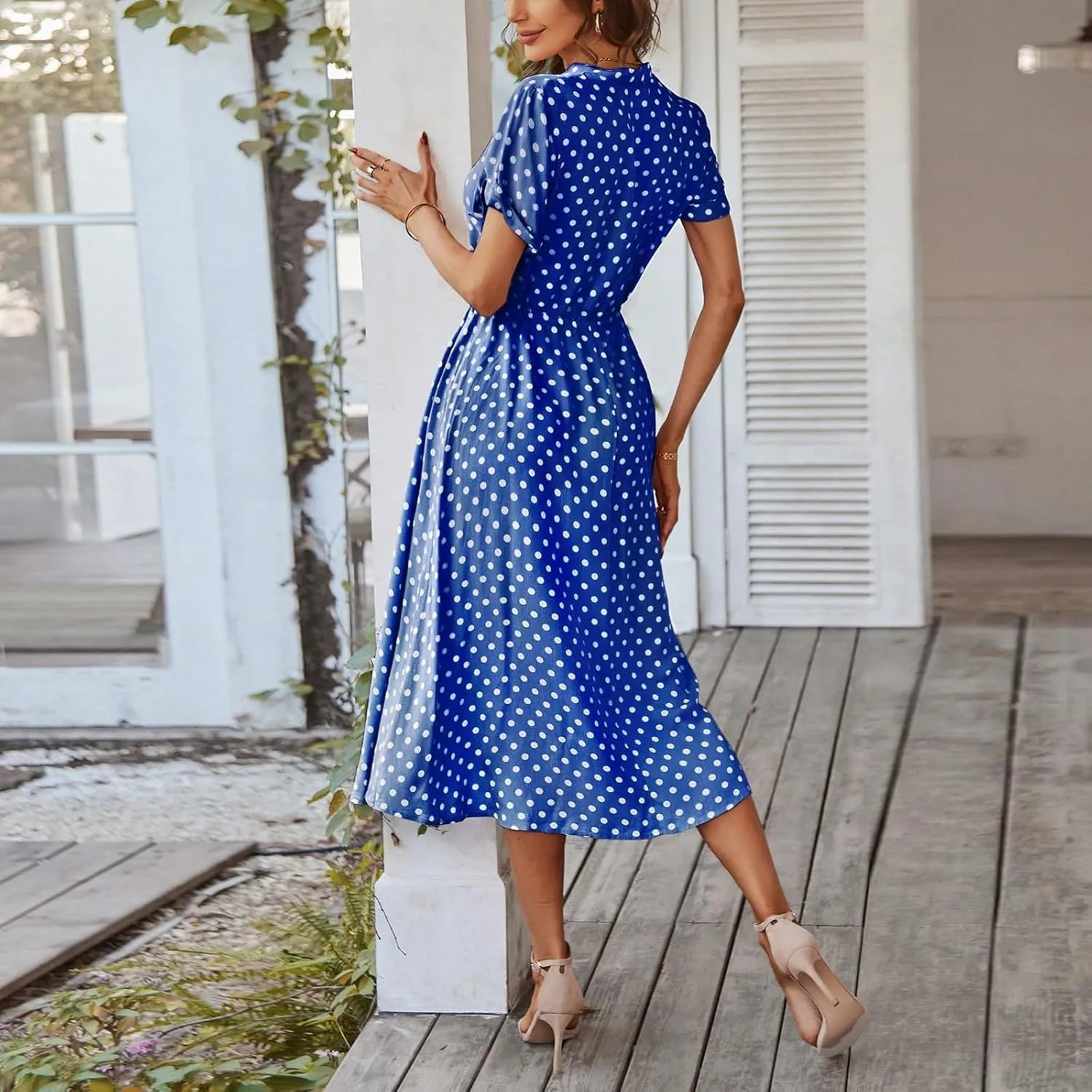 Polka Dot Dress for Women Midi Button Down Dress Short Sleeve V Neck Wedding Guest Dresses Tie Empire Waist Elegant Frocks