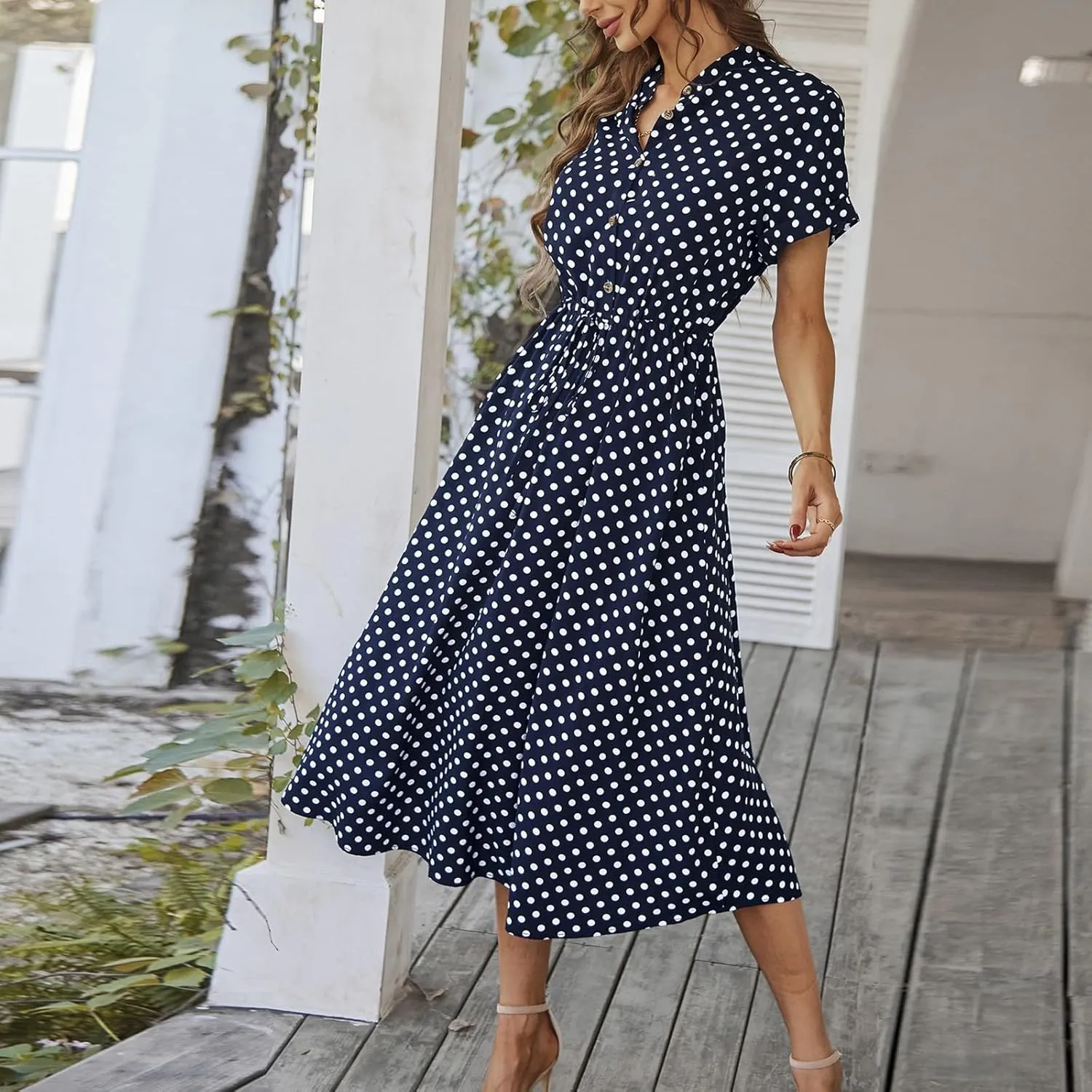 Polka Dot Dress for Women Midi Button Down Dress Short Sleeve V Neck Wedding Guest Dresses Tie Empire Waist Elegant Frocks