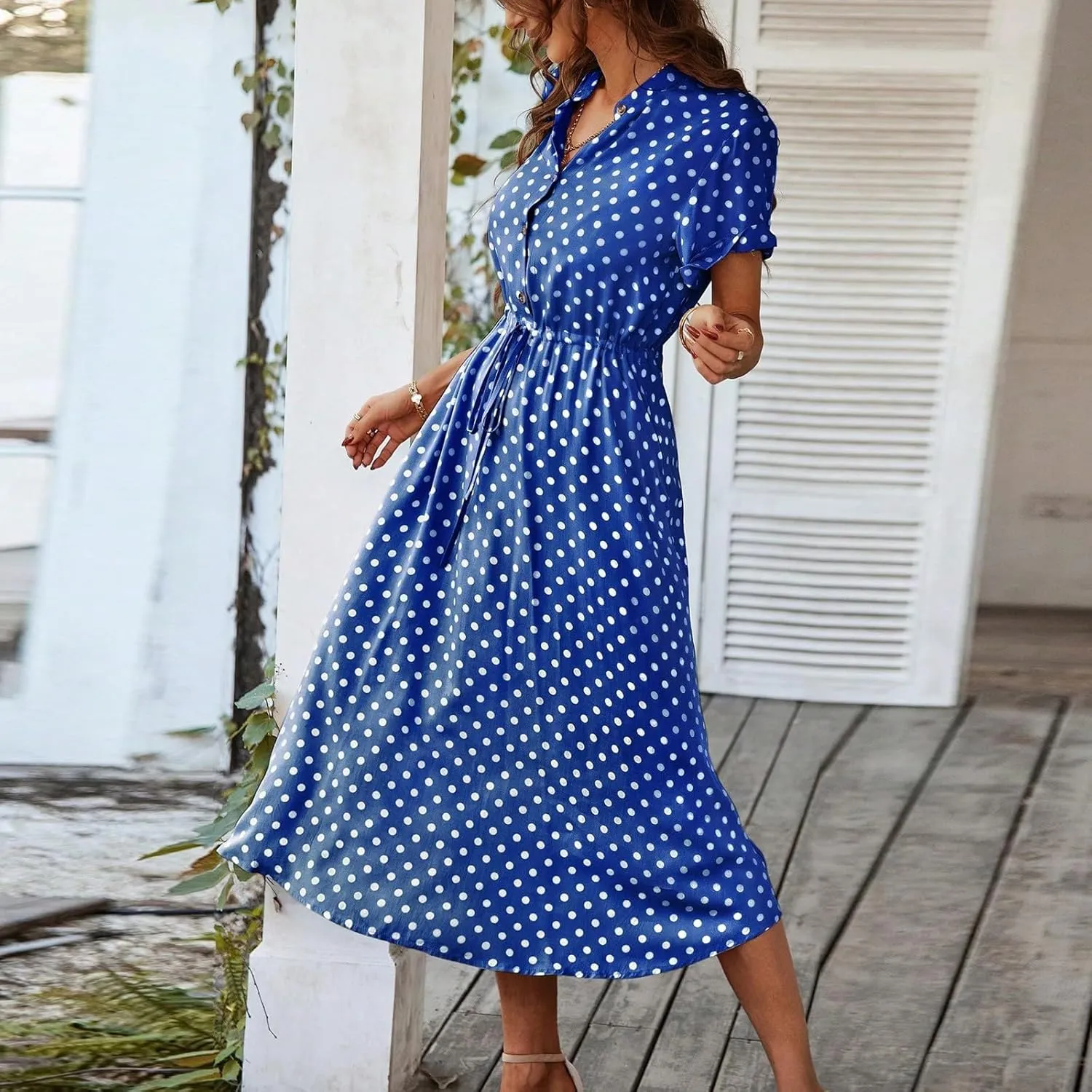 Polka Dot Dress for Women Midi Button Down Dress Short Sleeve V Neck Wedding Guest Dresses Tie Empire Waist Elegant Frocks