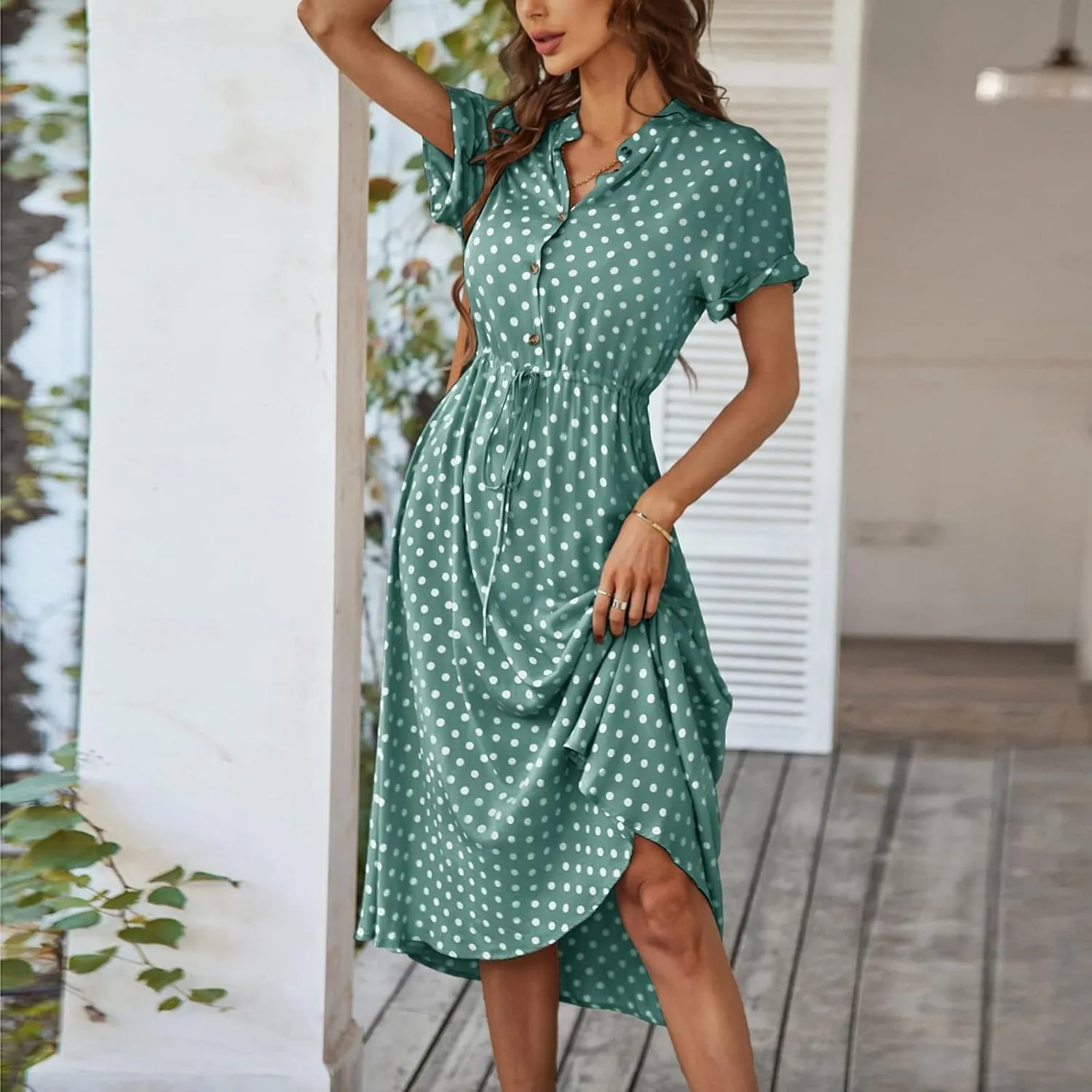 Polka Dot Dress for Women Midi Button Down Dress Short Sleeve V Neck Wedding Guest Dresses Tie Empire Waist Elegant Frocks