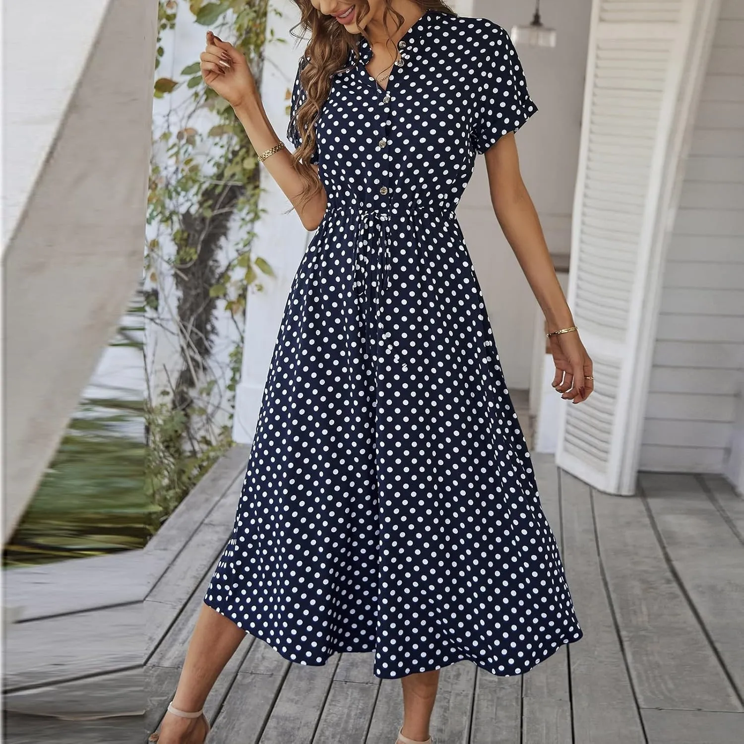 Polka Dot Dress for Women Midi Button Down Dress Short Sleeve V Neck Wedding Guest Dresses Tie Empire Waist Elegant Frocks