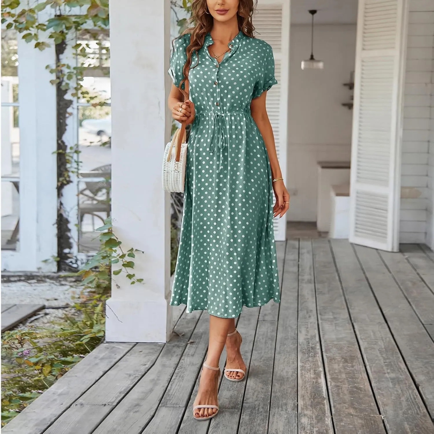 Polka Dot Dress for Women Midi Button Down Dress Short Sleeve V Neck Wedding Guest Dresses Tie Empire Waist Elegant Frocks