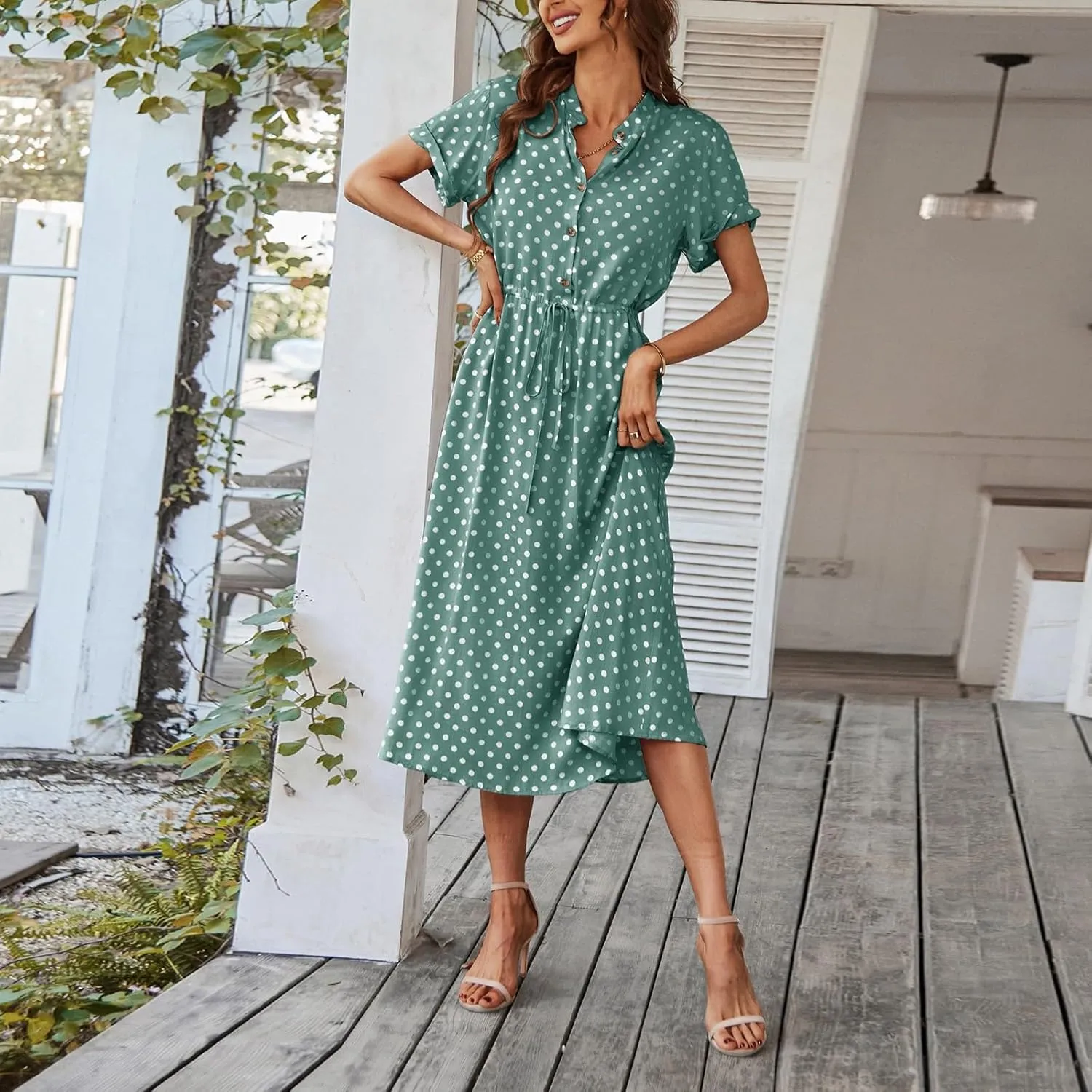 Polka Dot Dress for Women Midi Button Down Dress Short Sleeve V Neck Wedding Guest Dresses Tie Empire Waist Elegant Frocks