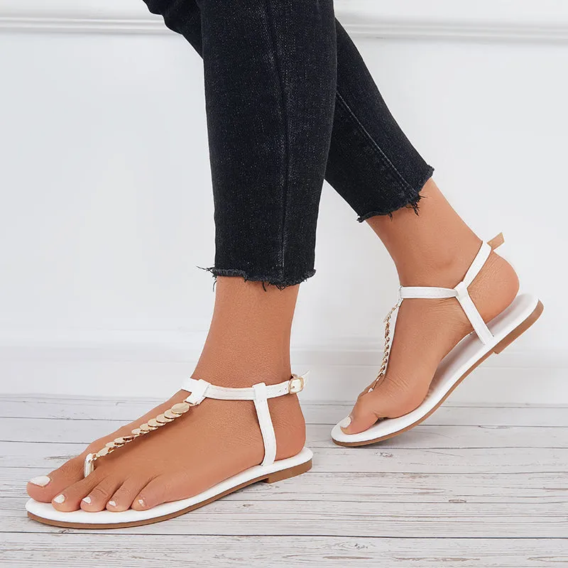 Sohiwoo  Women Ankle Strap Flat Sandals Metal T-Strap Flip Flops Sandals