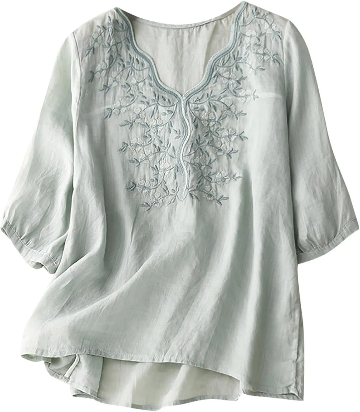 Summer Cotton Linen Tops for Women 2025 Trendy 3/4 Sleeve Boho Embroidered T Shirts Dressy Casual Vacation Blouses