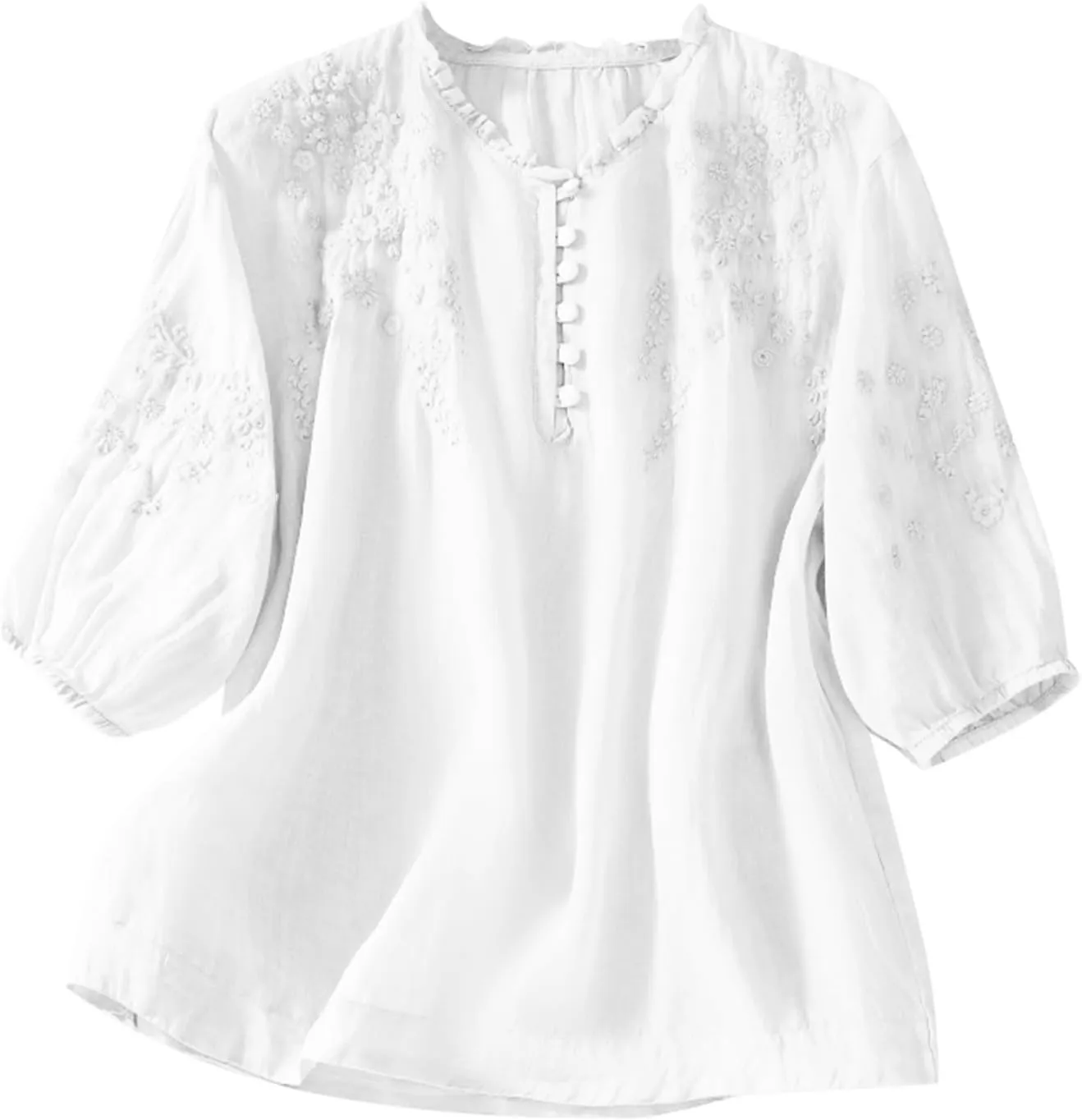 Summer Cotton Linen Tops for Women 2025 Trendy 3/4 Sleeve Boho Embroidered T Shirts Dressy Casual Vacation Blouses