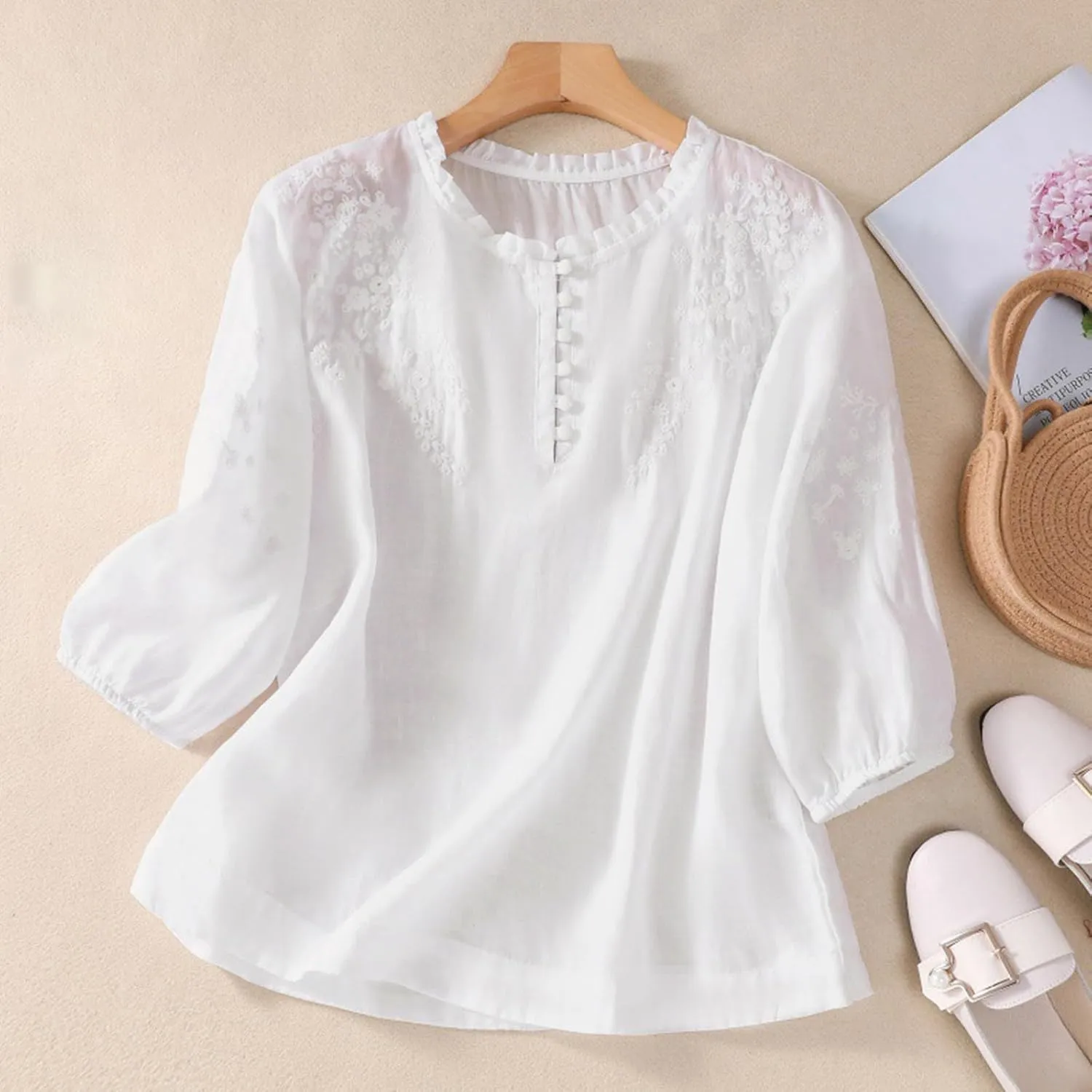 Summer Cotton Linen Tops for Women 2025 Trendy 3/4 Sleeve Boho Embroidered T Shirts Dressy Casual Vacation Blouses