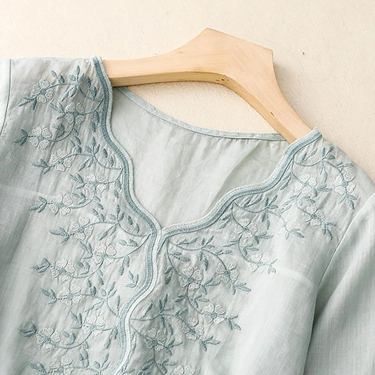 Summer Cotton Linen Tops for Women 2025 Trendy 3/4 Sleeve Boho Embroidered T Shirts Dressy Casual Vacation Blouses