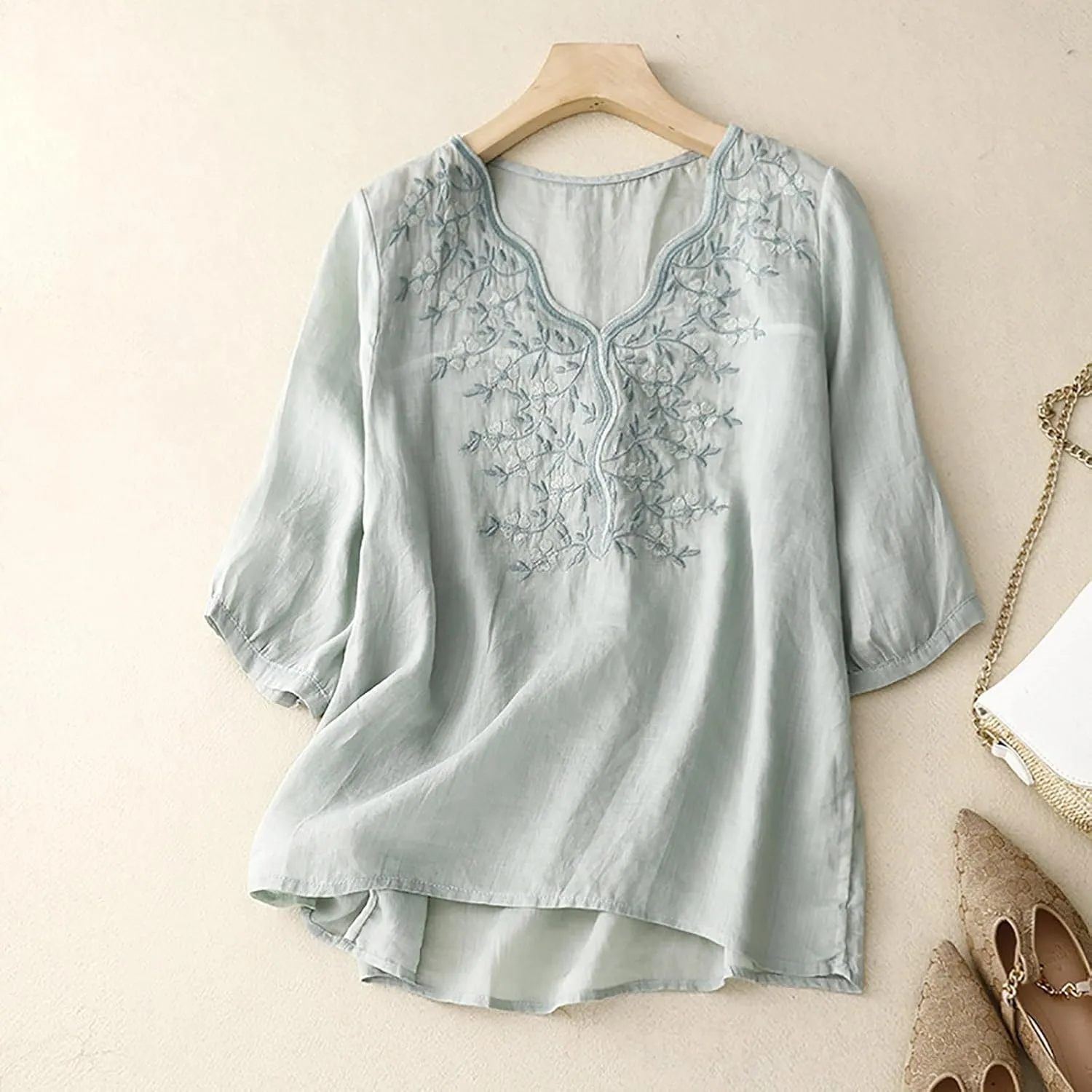 Summer Cotton Linen Tops for Women 2025 Trendy 3/4 Sleeve Boho Embroidered T Shirts Dressy Casual Vacation Blouses