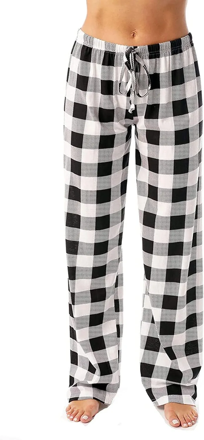 Sweatpants for Women Stretch Drawstring Wide Leg Bottoms High Waisted Plaid Print Pajama Pants Trendy Soft Sweatpant