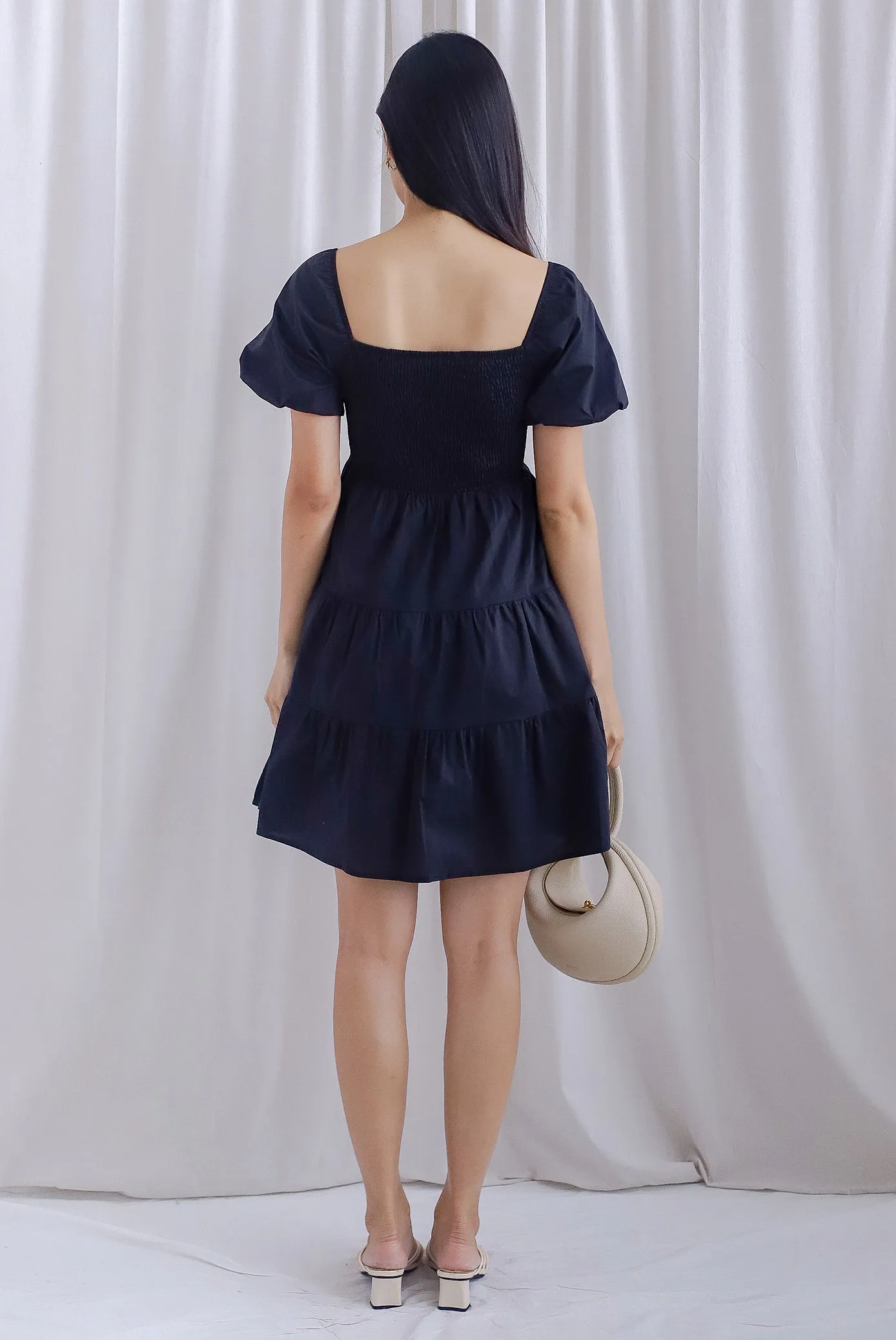 Thora Puffy Sleeve Babydoll Dress In Black