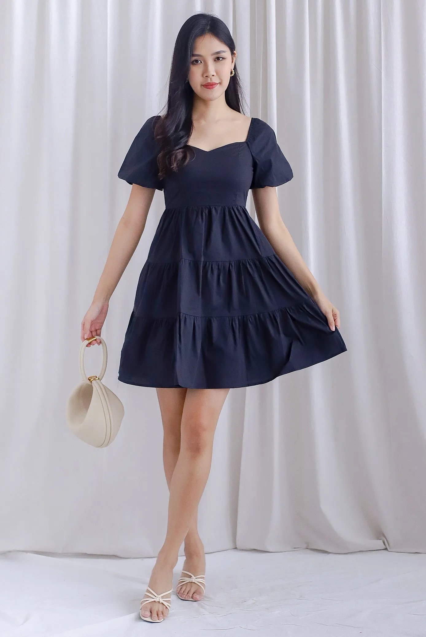 Thora Puffy Sleeve Babydoll Dress In Black