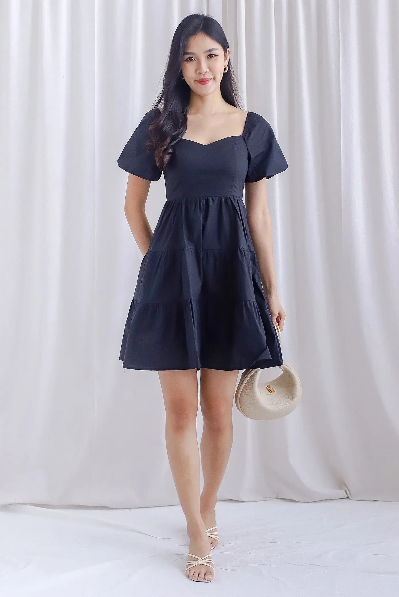 Thora Puffy Sleeve Babydoll Dress In Black