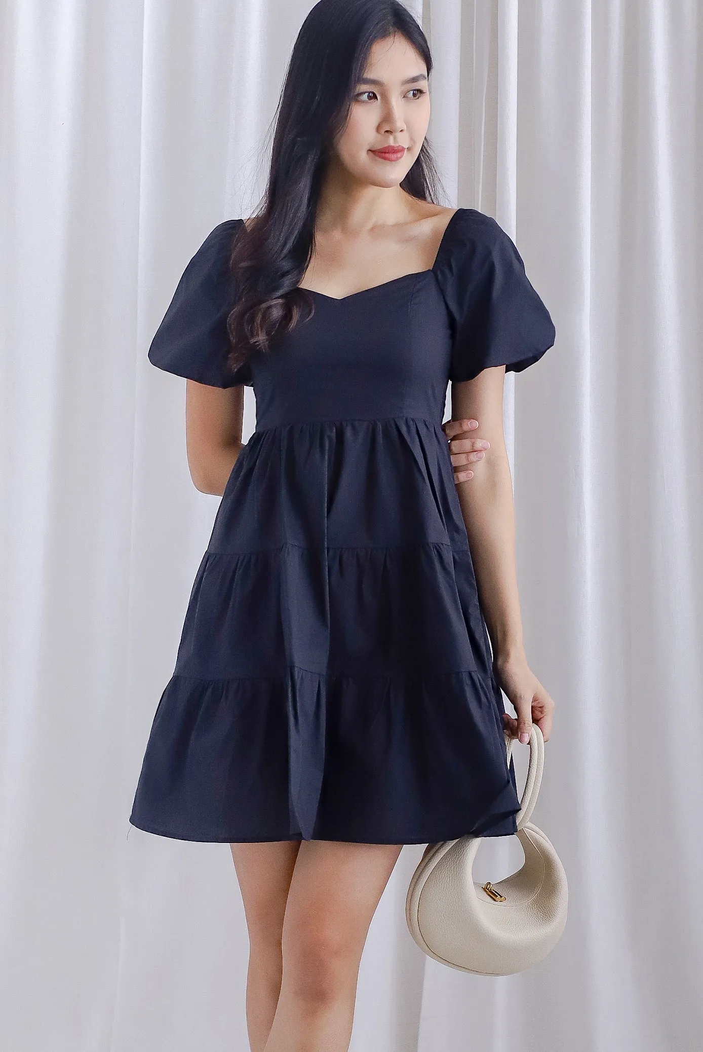 Thora Puffy Sleeve Babydoll Dress In Black