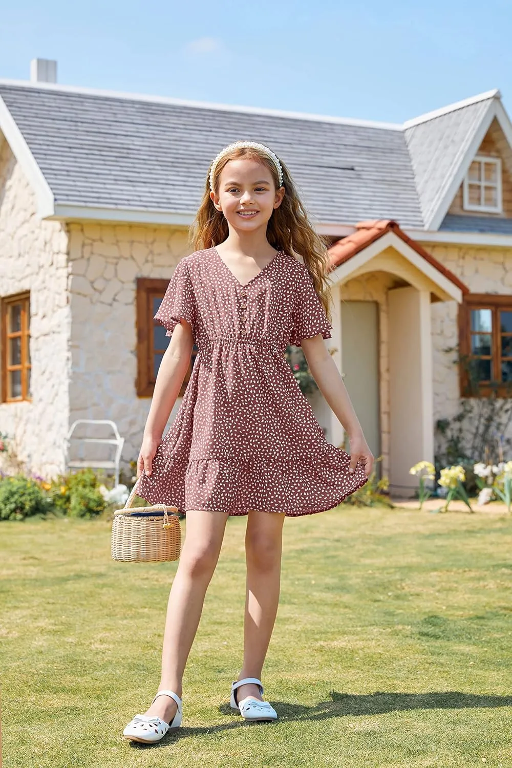 UMEKO Girls Polka Dot Print Midi Dress Button Down V Neck Short Sleeve Ruffle Casual Dresses