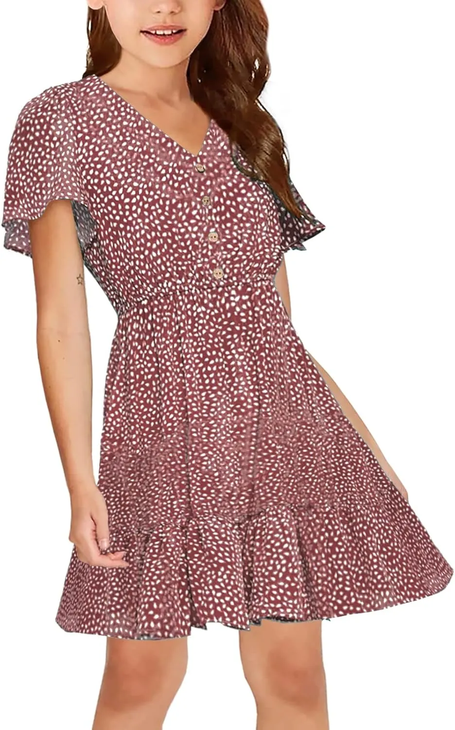 UMEKO Girls Polka Dot Print Midi Dress Button Down V Neck Short Sleeve Ruffle Casual Dresses