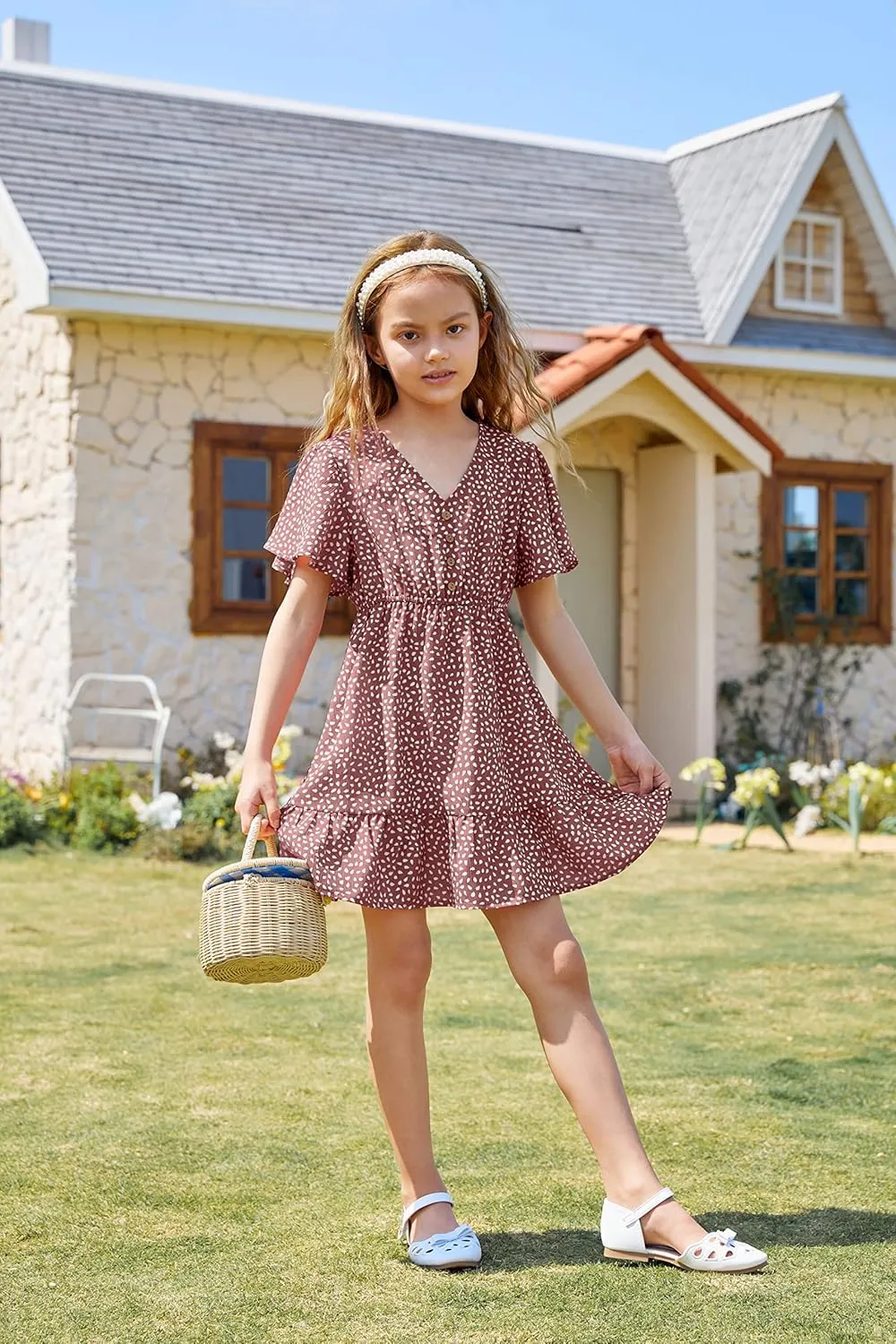 UMEKO Girls Polka Dot Print Midi Dress Button Down V Neck Short Sleeve Ruffle Casual Dresses