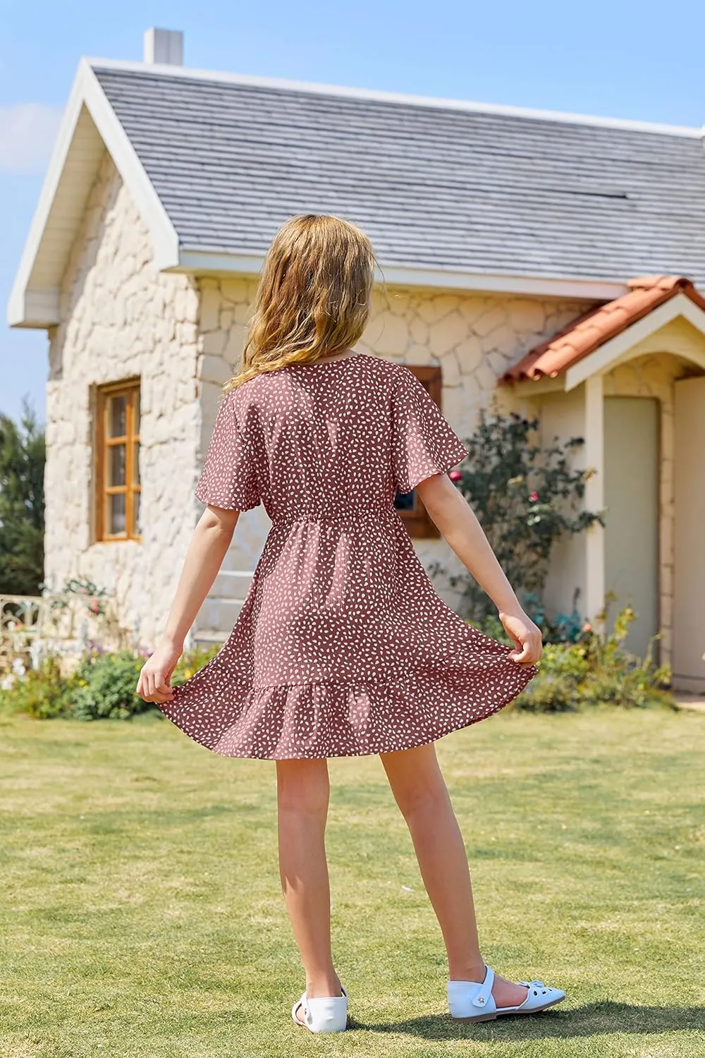 UMEKO Girls Polka Dot Print Midi Dress Button Down V Neck Short Sleeve Ruffle Casual Dresses