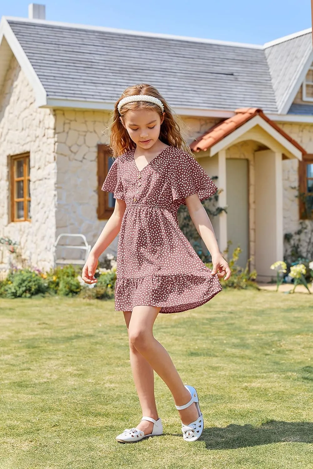 UMEKO Girls Polka Dot Print Midi Dress Button Down V Neck Short Sleeve Ruffle Casual Dresses
