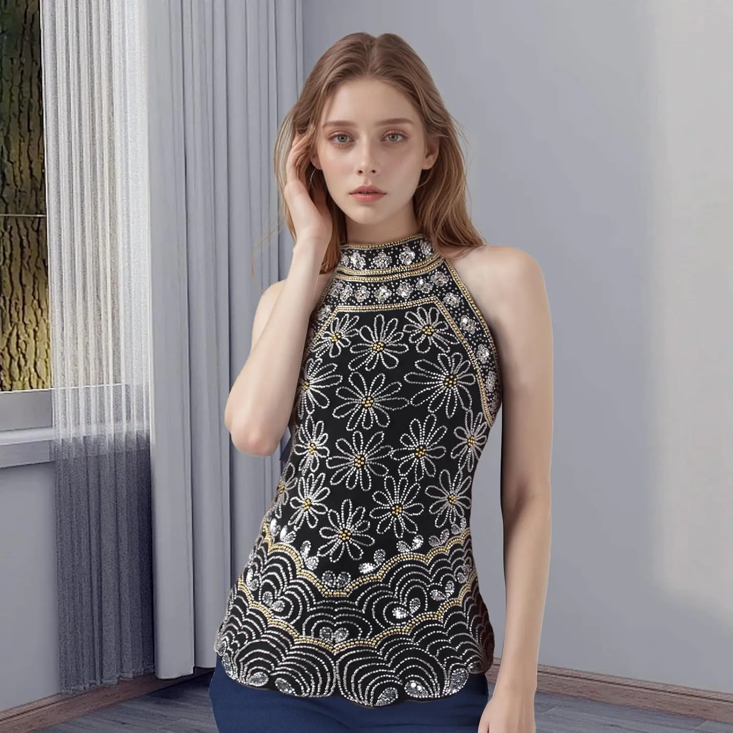 Vijiv Women's 1920s Inspired Beaded Sequin Top High Neck Sleeveless Floral Shimmer Glitter Blouse Formal Gatsby Shirt