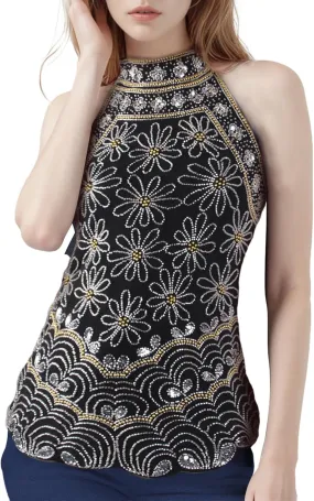 Vijiv Women's 1920s Inspired Beaded Sequin Top High Neck Sleeveless Floral Shimmer Glitter Blouse Formal Gatsby Shirt