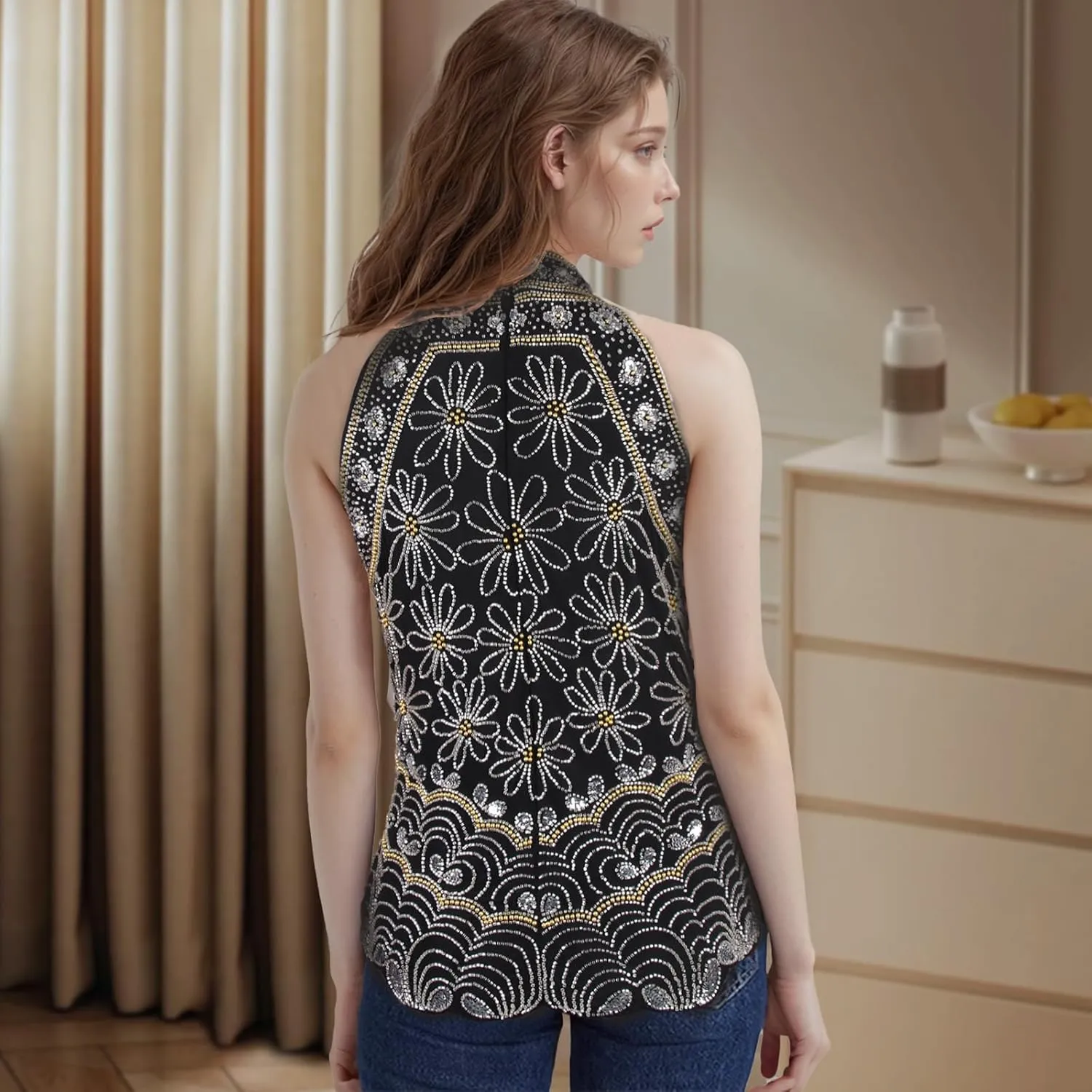 Vijiv Women's 1920s Inspired Beaded Sequin Top High Neck Sleeveless Floral Shimmer Glitter Blouse Formal Gatsby Shirt