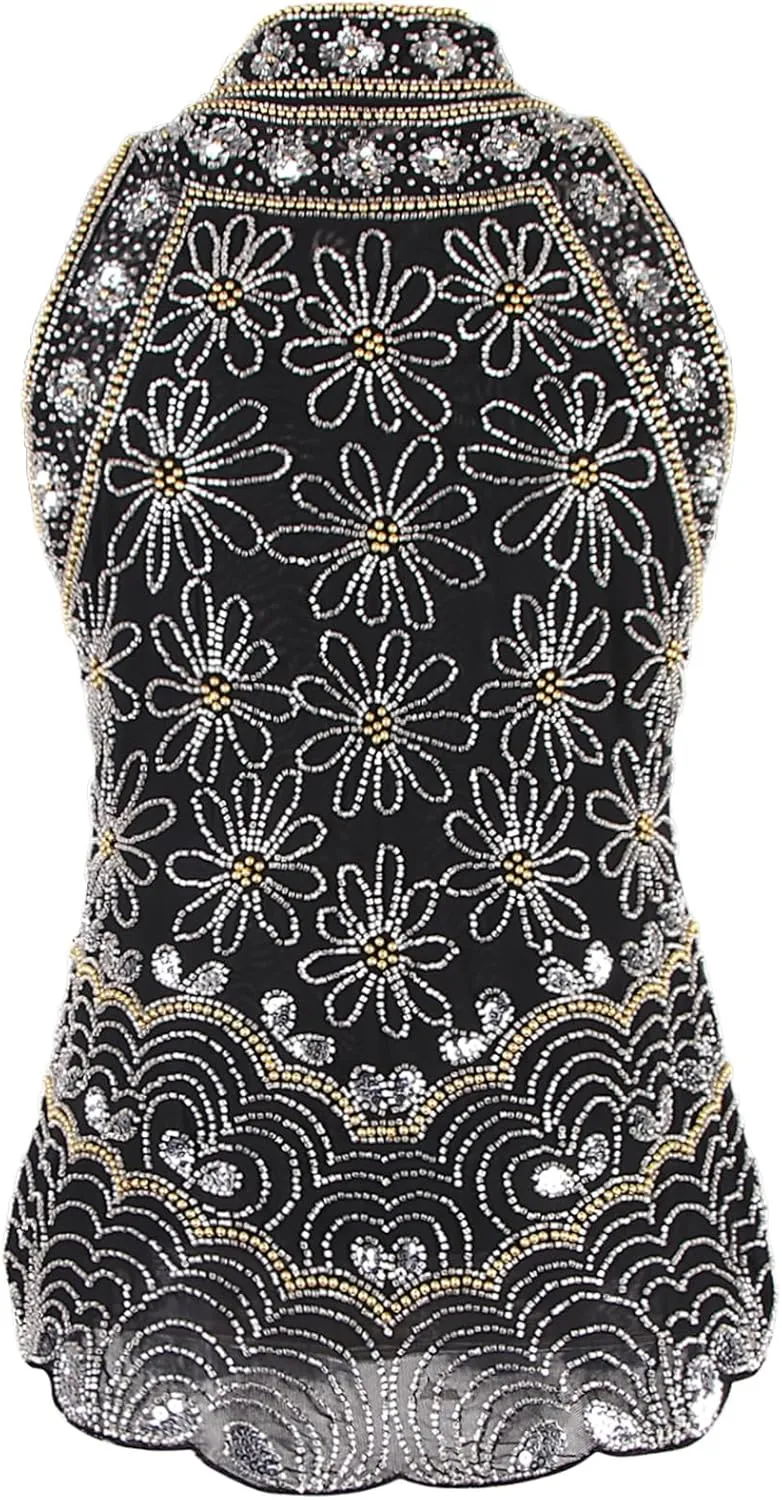 Vijiv Women's 1920s Inspired Beaded Sequin Top High Neck Sleeveless Floral Shimmer Glitter Blouse Formal Gatsby Shirt