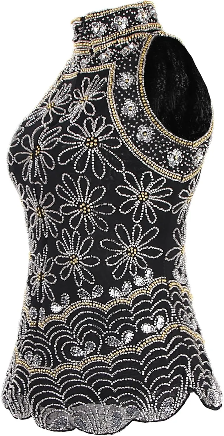 Vijiv Women's 1920s Inspired Beaded Sequin Top High Neck Sleeveless Floral Shimmer Glitter Blouse Formal Gatsby Shirt