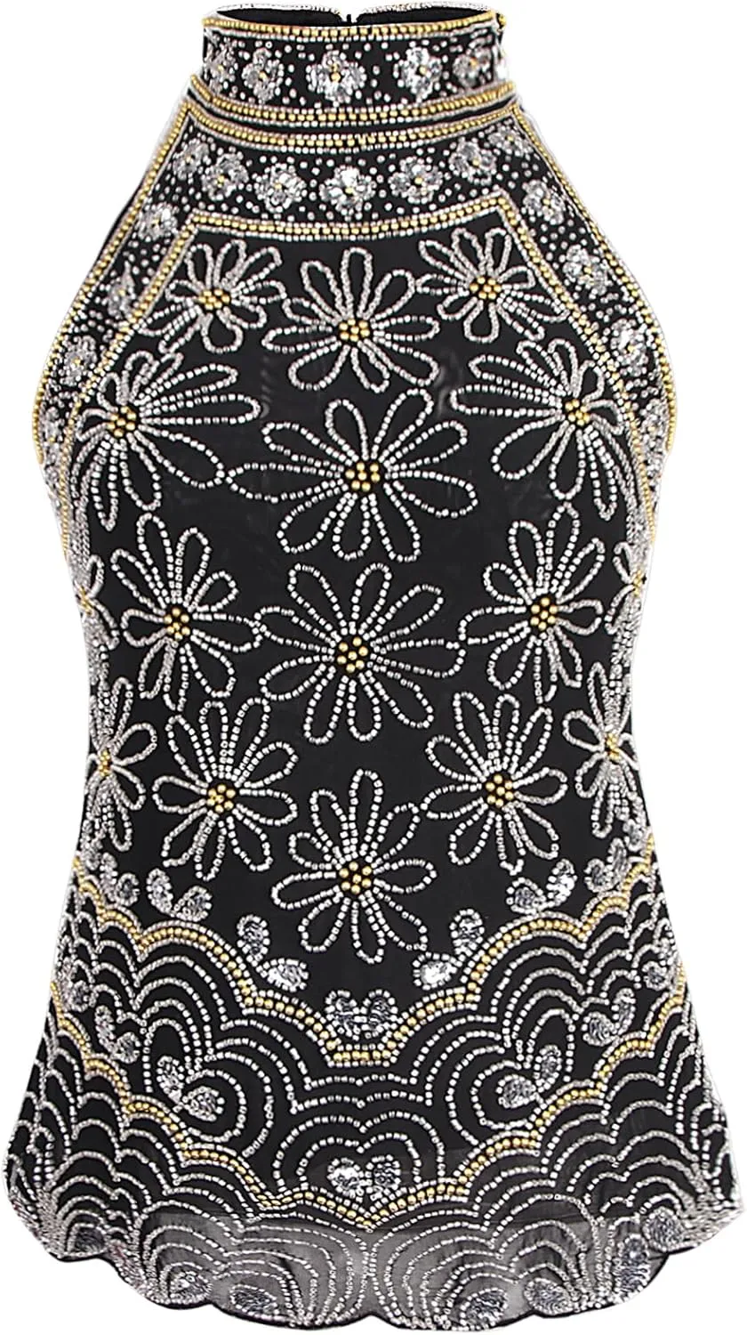 Vijiv Women's 1920s Inspired Beaded Sequin Top High Neck Sleeveless Floral Shimmer Glitter Blouse Formal Gatsby Shirt