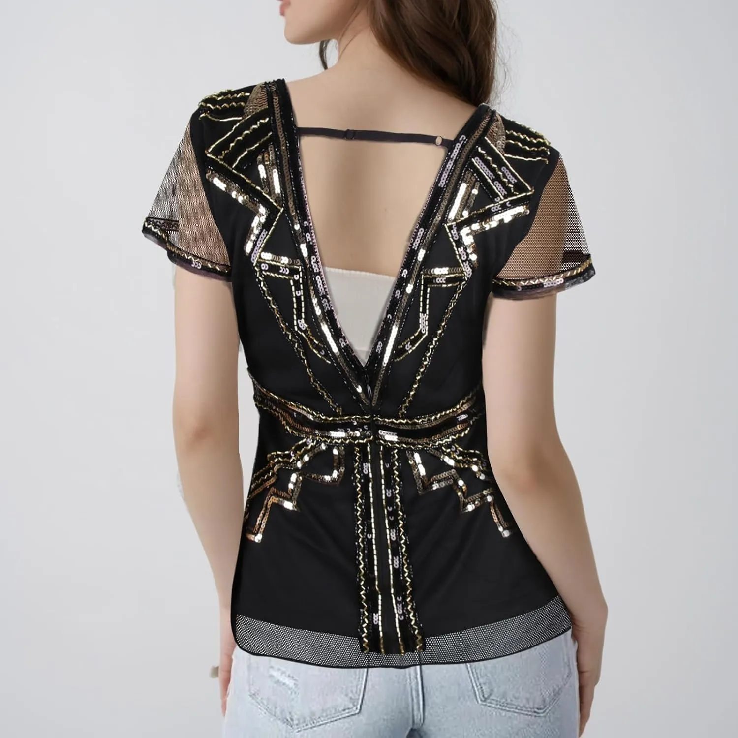 Vijiv Women's 1920s Inspired Beaded Sequin Top V Neck Shimmer Glitter Blouse Short Sleeve Formal Gatsby Shirt