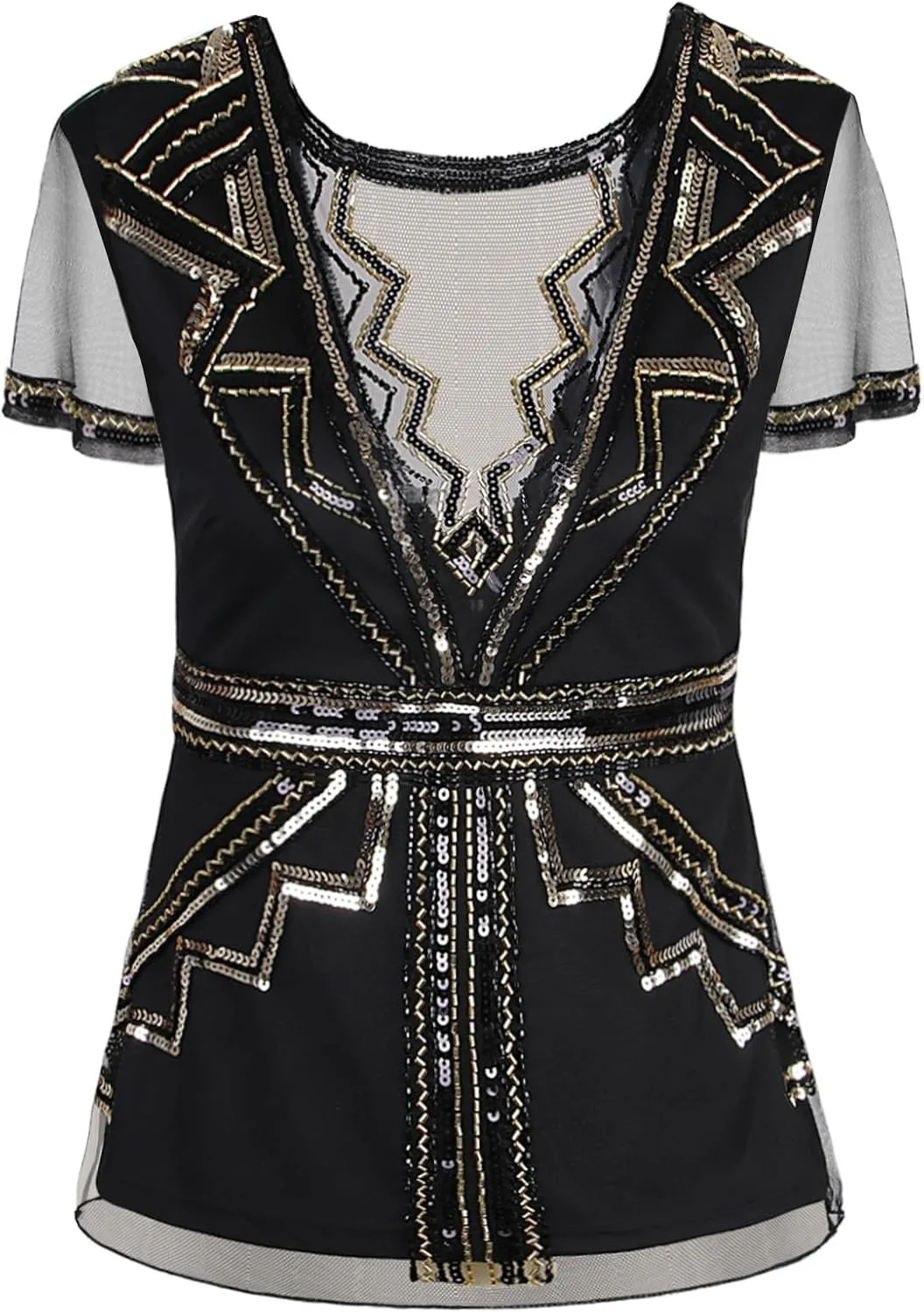 Vijiv Women's 1920s Inspired Beaded Sequin Top V Neck Shimmer Glitter Blouse Short Sleeve Formal Gatsby Shirt