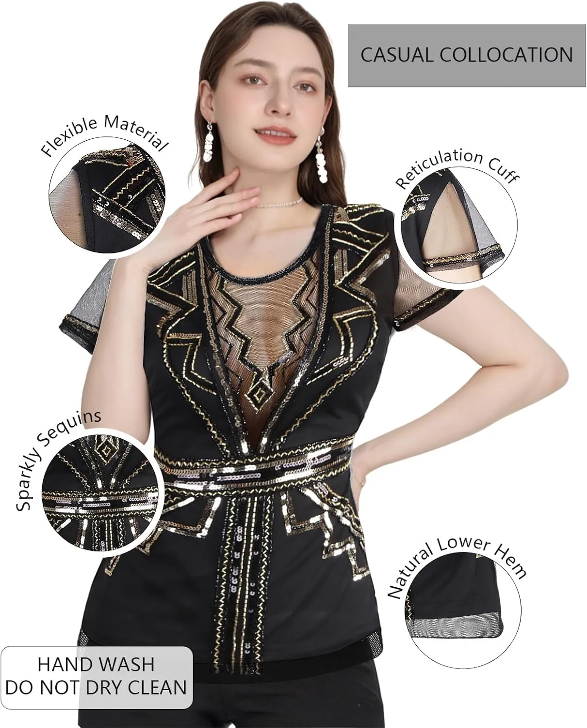 Vijiv Women's 1920s Inspired Beaded Sequin Top V Neck Shimmer Glitter Blouse Short Sleeve Formal Gatsby Shirt