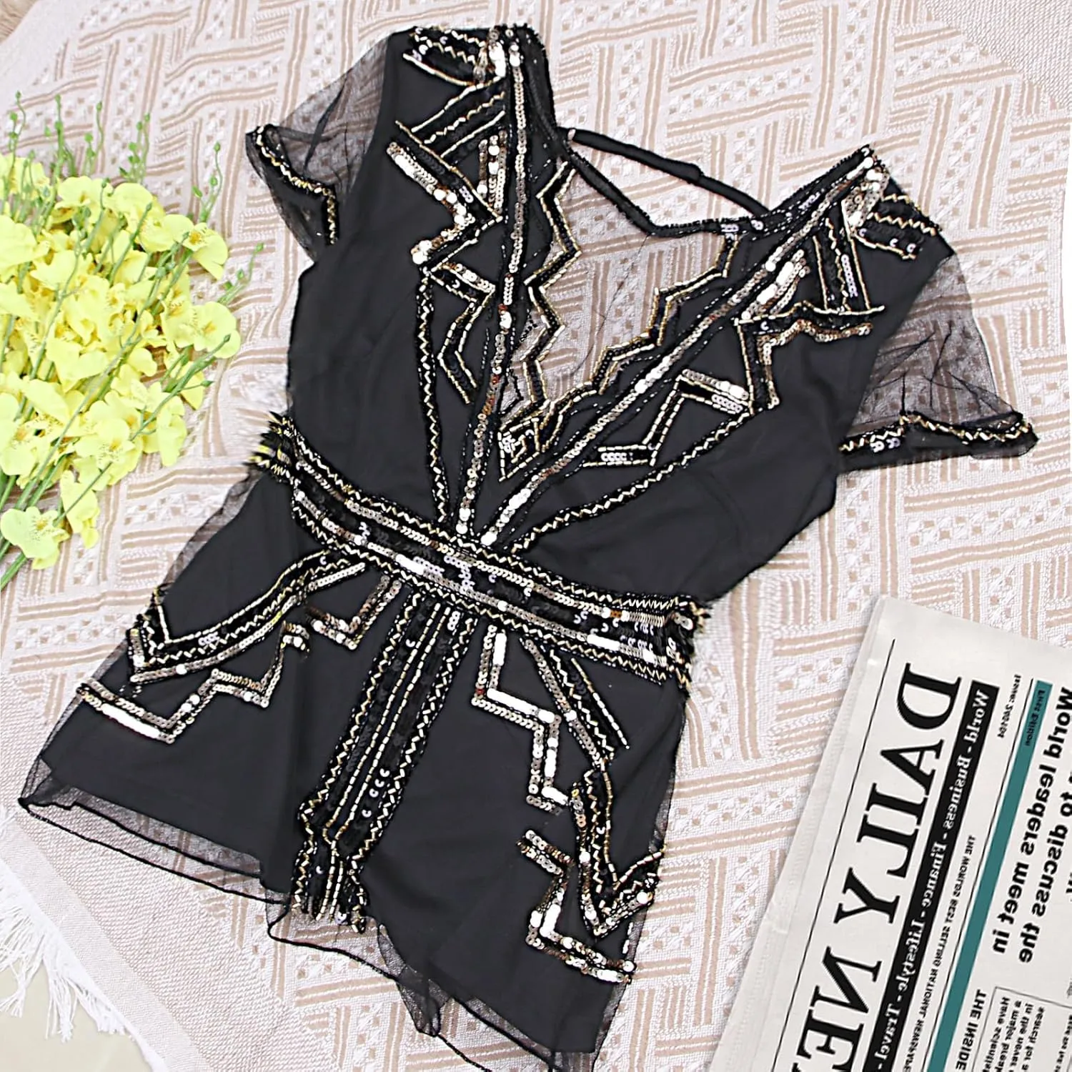 Vijiv Women's 1920s Inspired Beaded Sequin Top V Neck Shimmer Glitter Blouse Short Sleeve Formal Gatsby Shirt