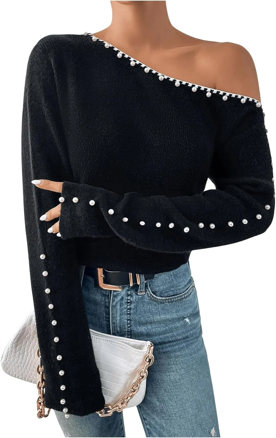 WDIRARA Women's Pearls Beaded One Cold Shoulder Sweater Long Sleeve Asymmetrical Knit Top