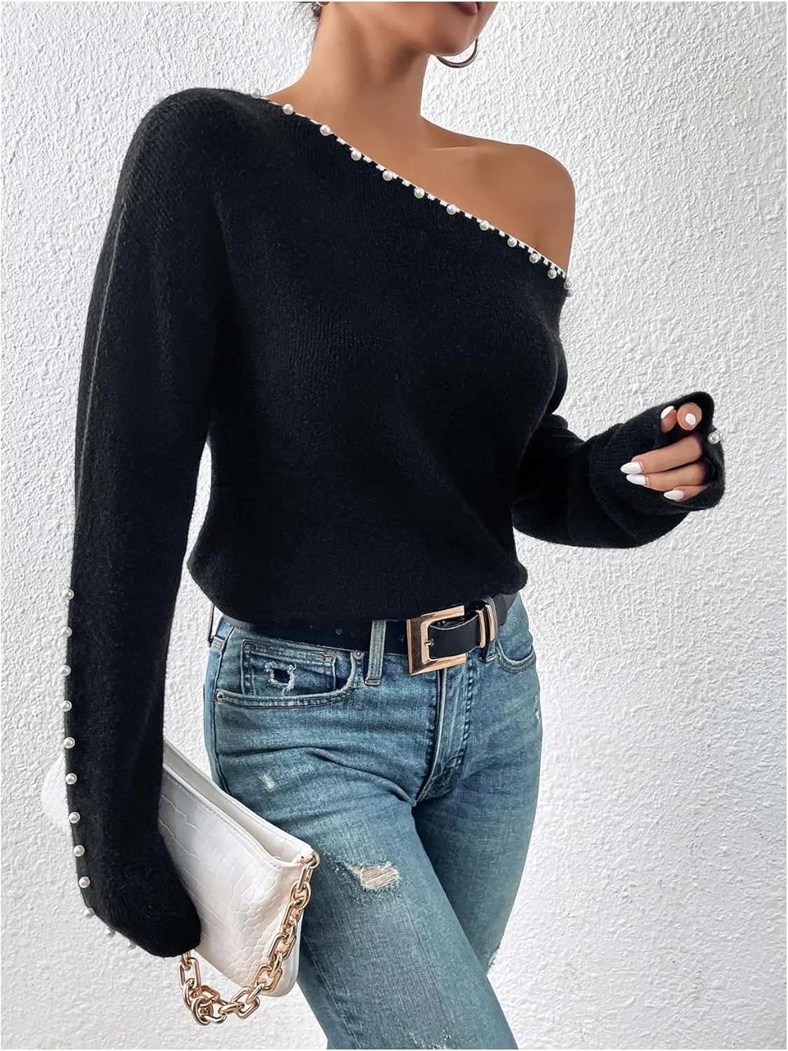 WDIRARA Women's Pearls Beaded One Cold Shoulder Sweater Long Sleeve Asymmetrical Knit Top