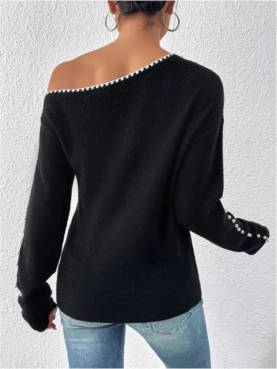 WDIRARA Women's Pearls Beaded One Cold Shoulder Sweater Long Sleeve Asymmetrical Knit Top