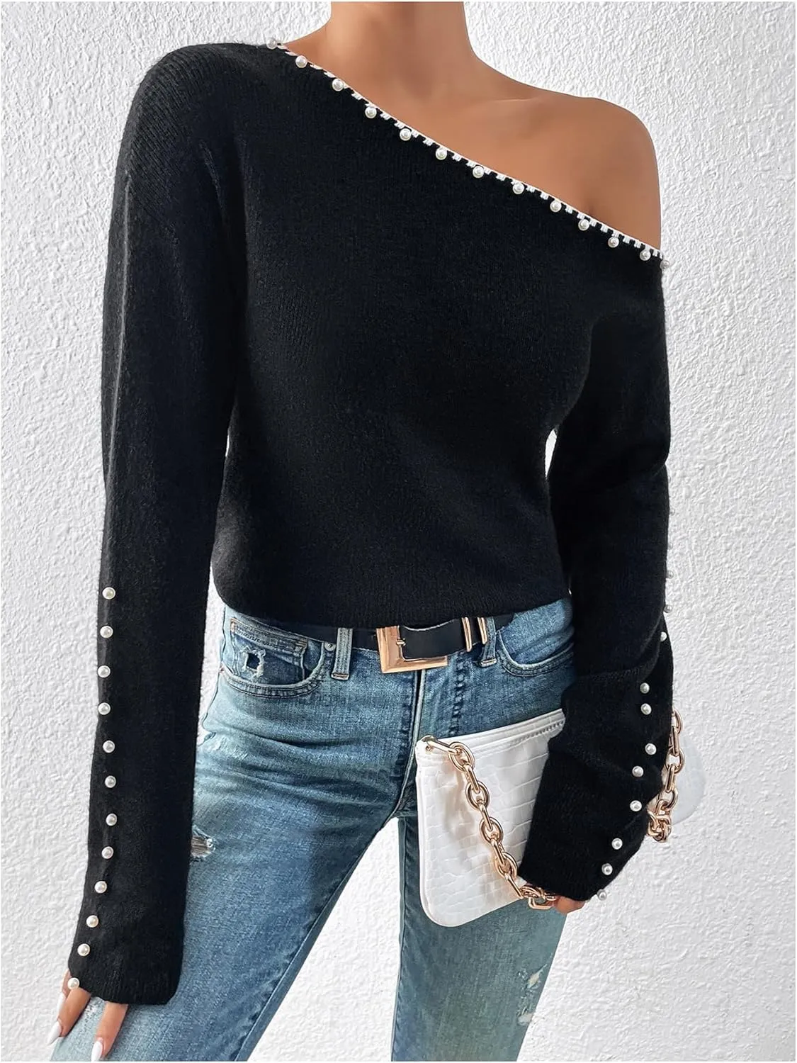 WDIRARA Women's Pearls Beaded One Cold Shoulder Sweater Long Sleeve Asymmetrical Knit Top