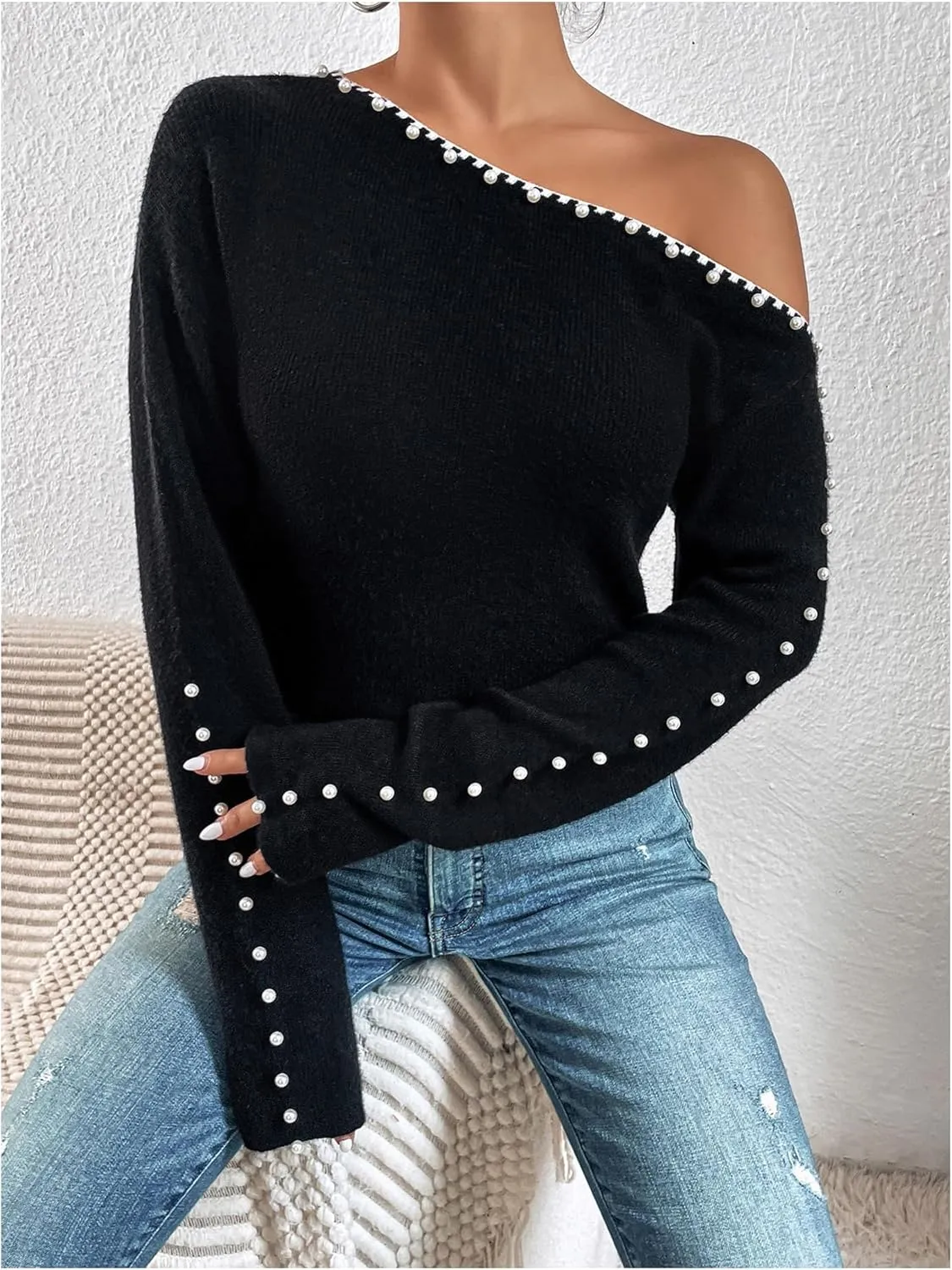 WDIRARA Women's Pearls Beaded One Cold Shoulder Sweater Long Sleeve Asymmetrical Knit Top