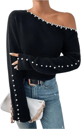 WDIRARA Women's Pearls Beaded One Cold Shoulder Sweater Long Sleeve Asymmetrical Knit Top