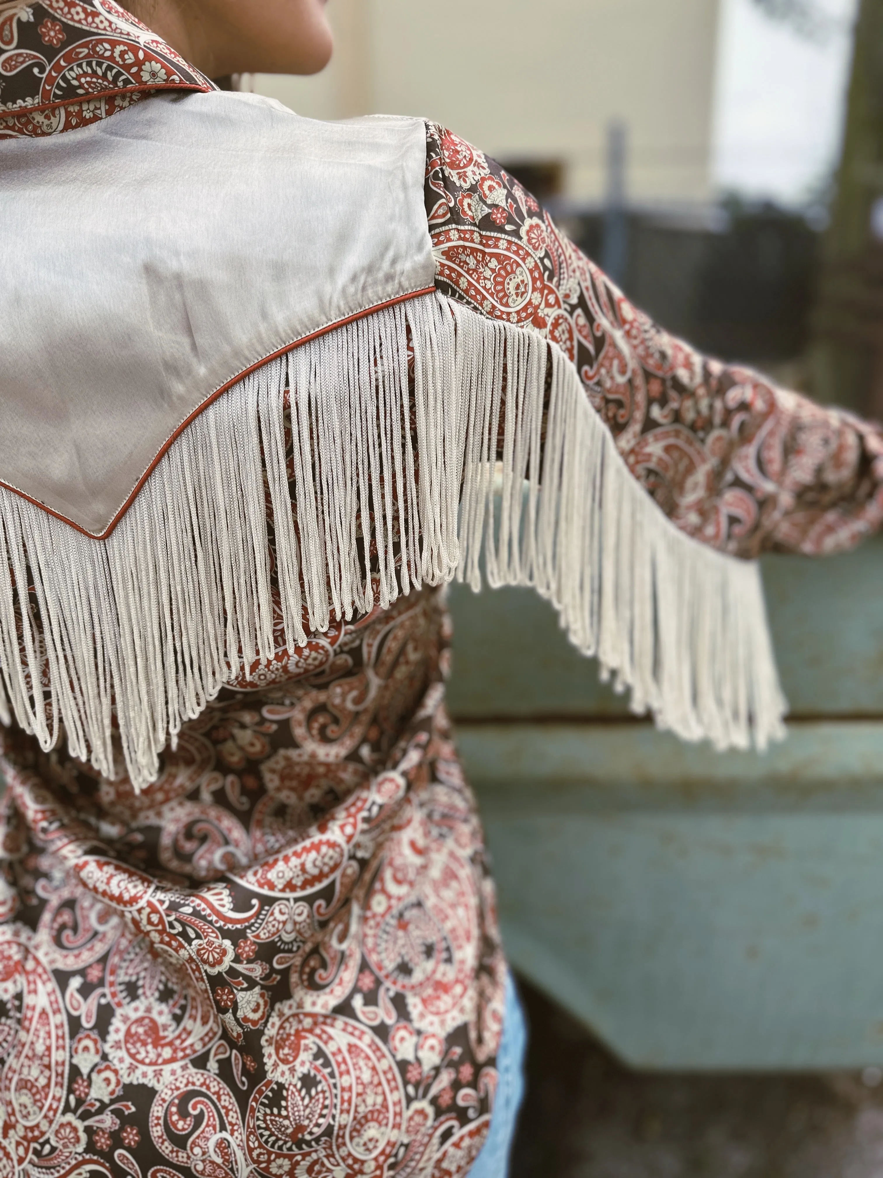 Whiskey Lullaby Satin Paisley Floral Print Fringe Sleeve Pearl Snap Button Up Blouse (DS)