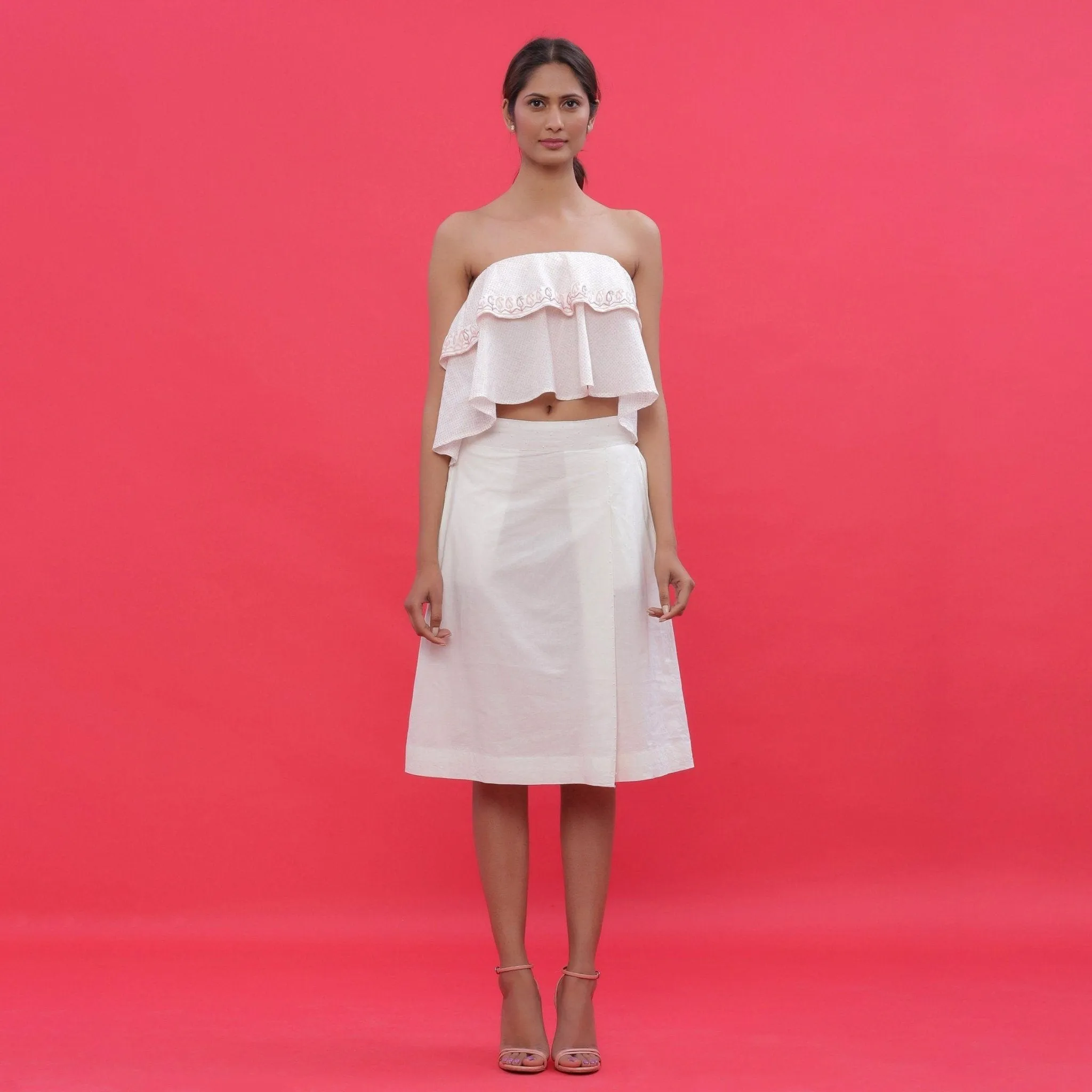 White Hand Beaded Cotton Elasticated Knee Length Skirt