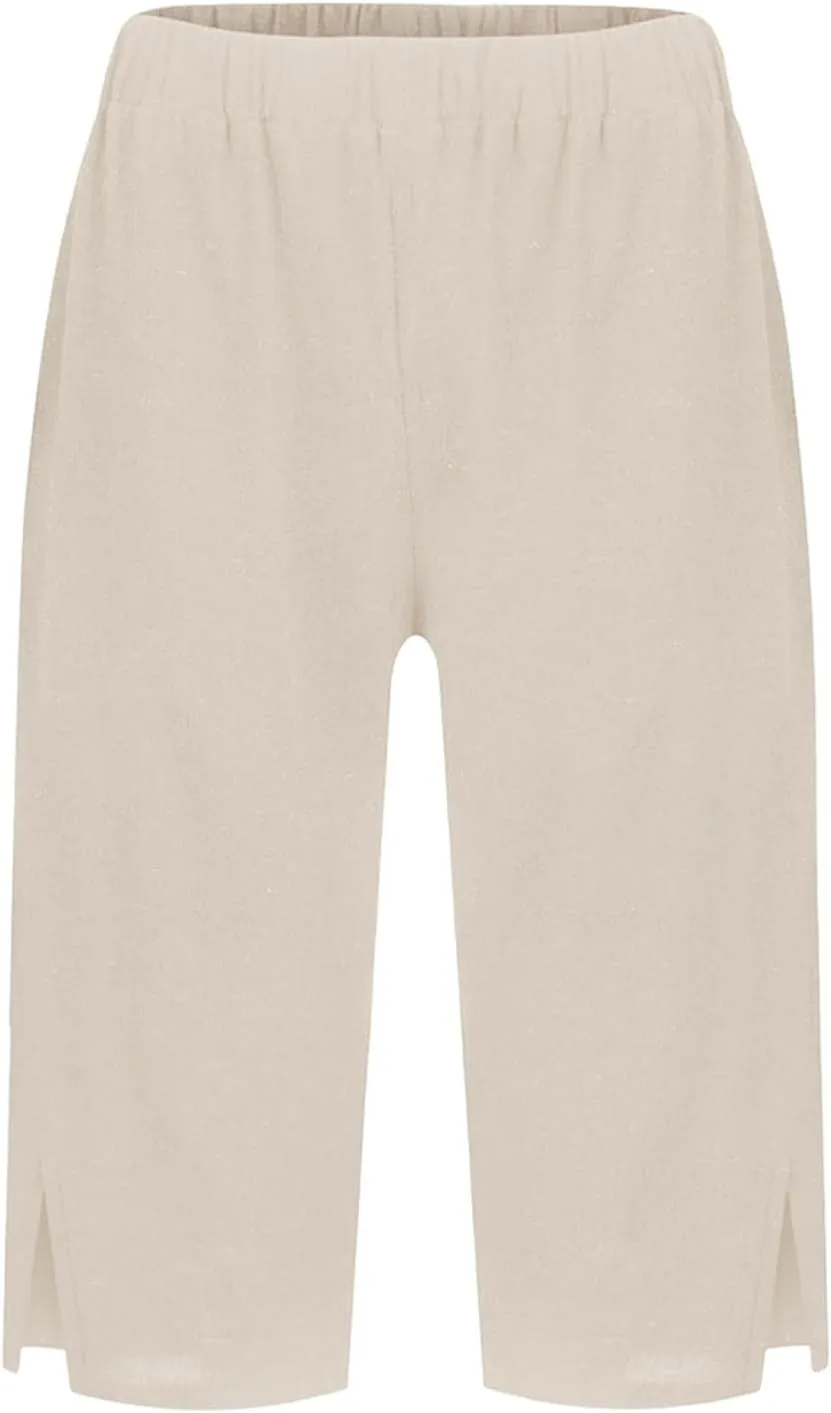 Women Causal Knee Linen Pants Elastic High Waist Straight Leg Bottom Split Capri Pant Lightweight Summer Lounge Slack