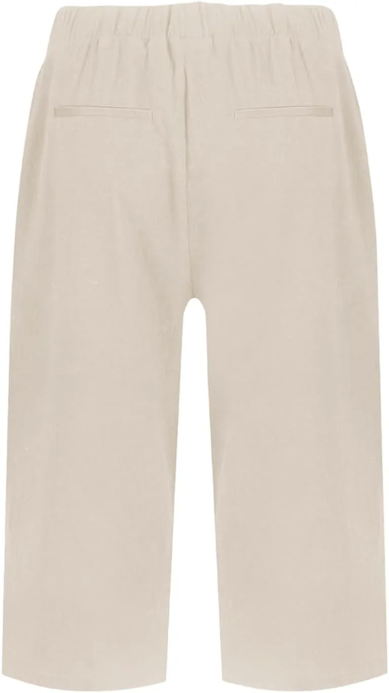 Women Causal Knee Linen Pants Elastic High Waist Straight Leg Bottom Split Capri Pant Lightweight Summer Lounge Slack