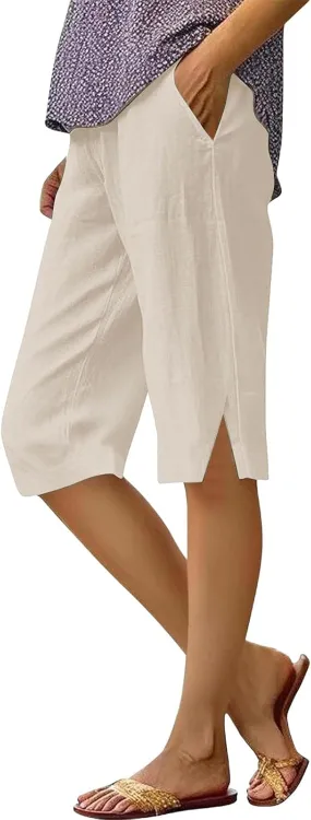 Women Causal Knee Linen Pants Elastic High Waist Straight Leg Bottom Split Capri Pant Lightweight Summer Lounge Slack