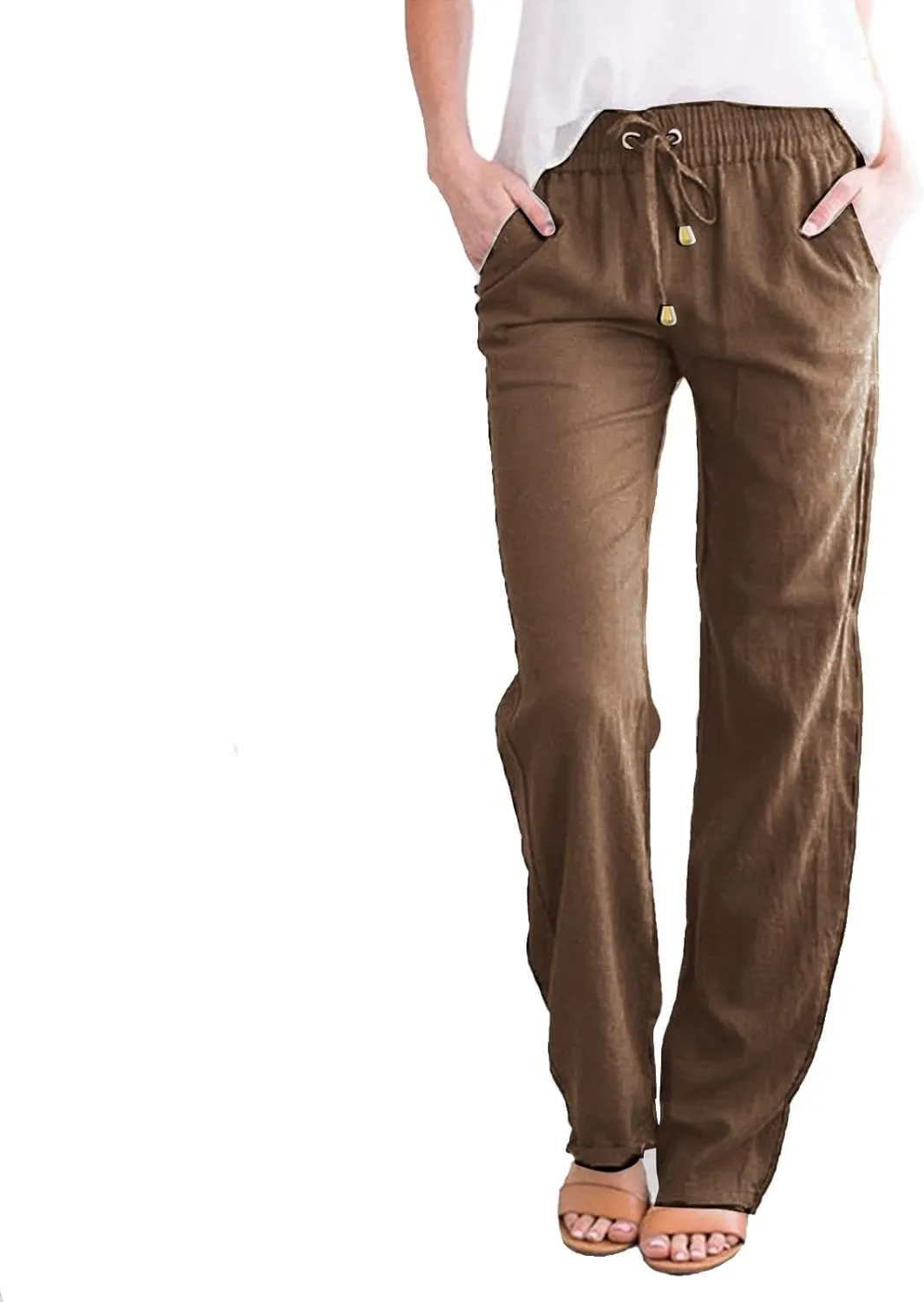 Womens Casual Linen High Waist Pants Straight Leg Drawstring Long Trouser Summer Loose Fit Pants with Pockets