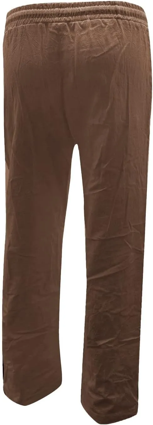 Womens Casual Linen High Waist Pants Straight Leg Drawstring Long Trouser Summer Loose Fit Pants with Pockets