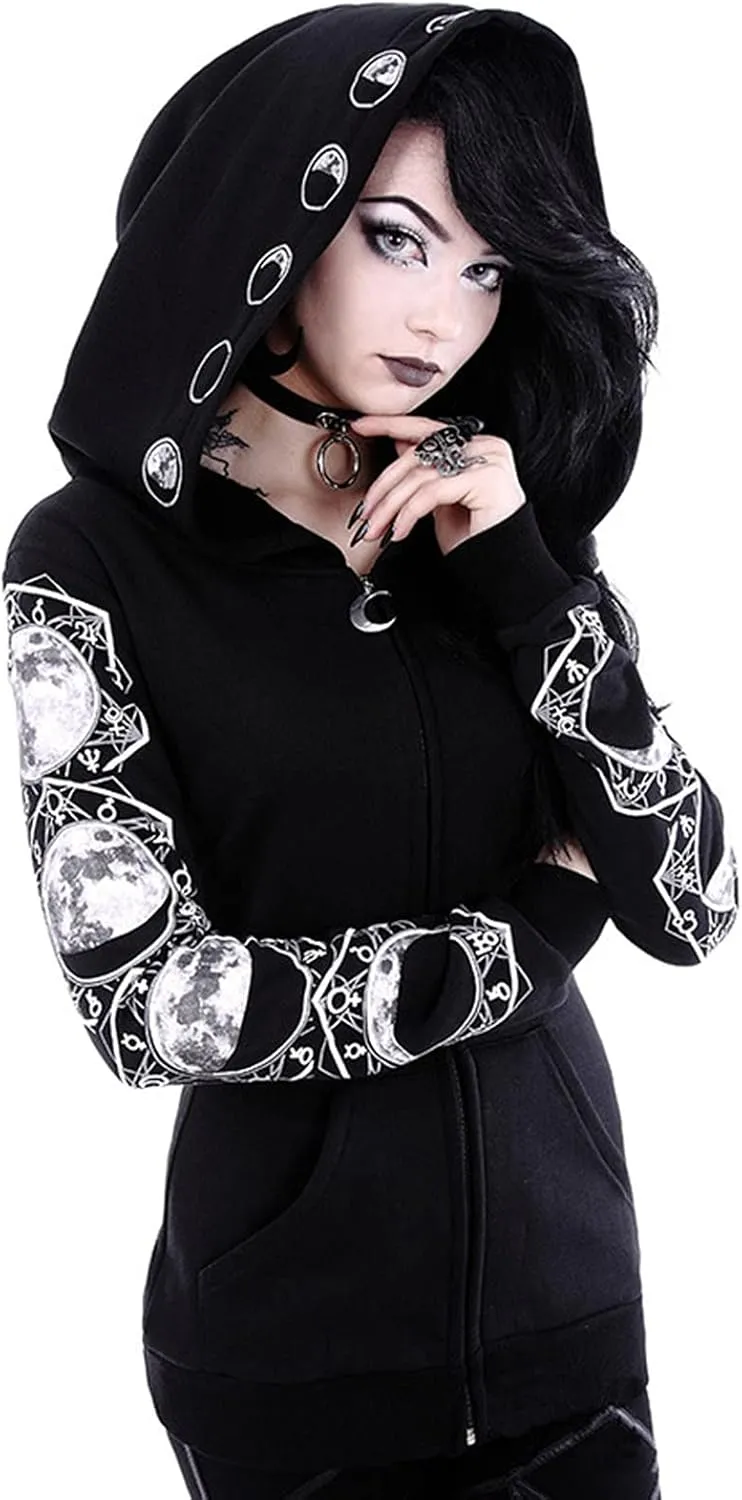 Womens Punk Gothic Sweatshirt Witchcraft Moon Long Hoodie Jacket Long Sleeve Zip Up Hoodie Cosplay Zipper Cardigans