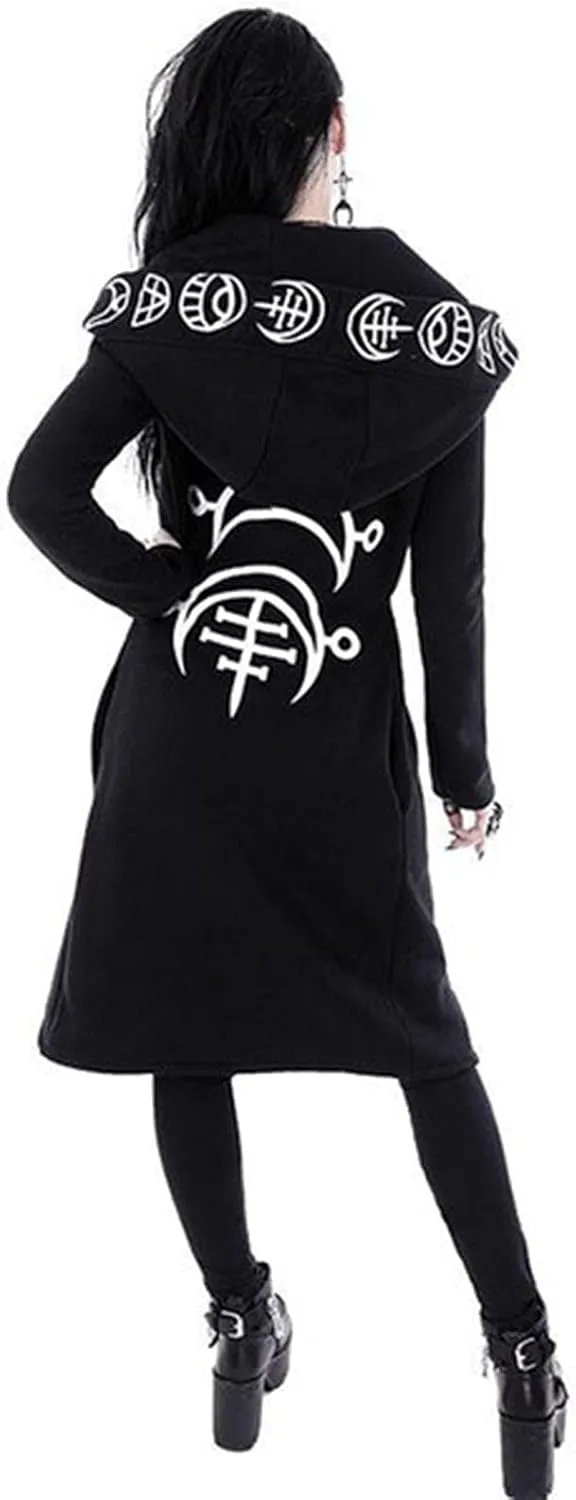 Womens Punk Gothic Sweatshirt Witchcraft Moon Long Hoodie Jacket Long Sleeve Zip Up Hoodie Cosplay Zipper Cardigans